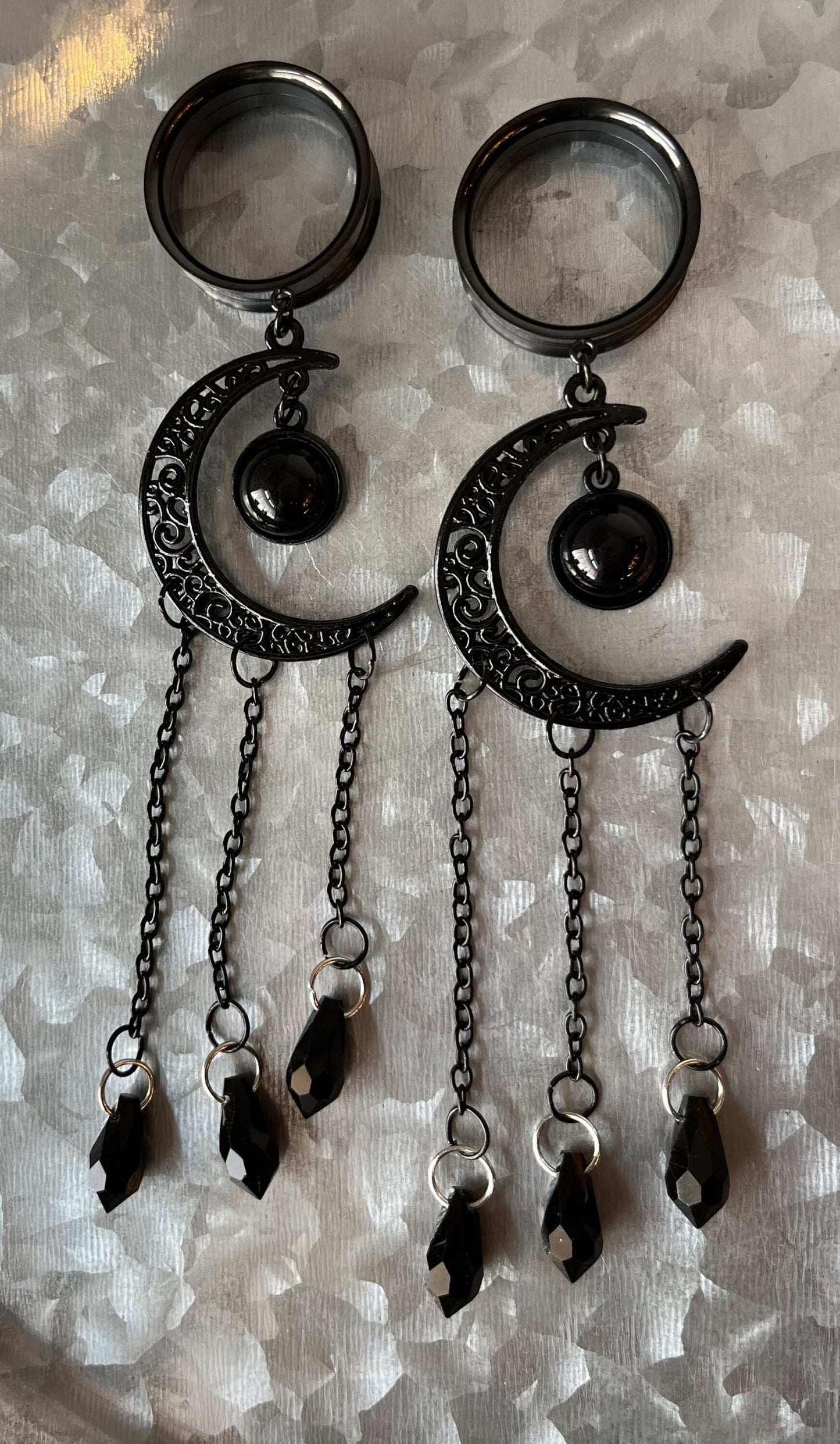 PAIR of Unique Black Filigree Moon Dangle Internally Threaded Dangle Screw Fit Tunnels -Gauges 2g (6mm) thru 1" (25mm) Available!
