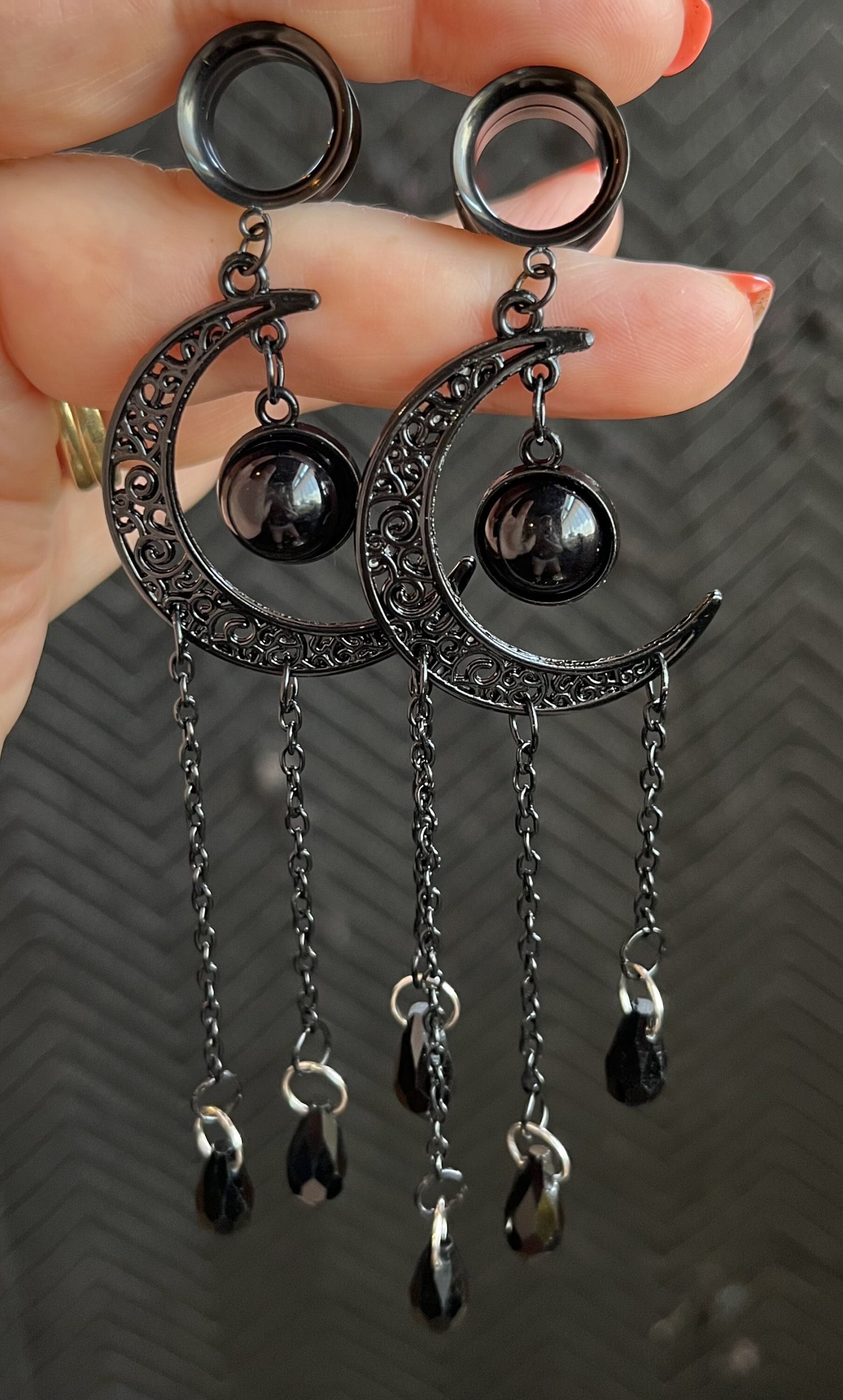 PAIR of Unique Black Filigree Moon Dangle Internally Threaded Dangle Screw Fit Tunnels -Gauges 2g (6mm) thru 1" (25mm) Available!