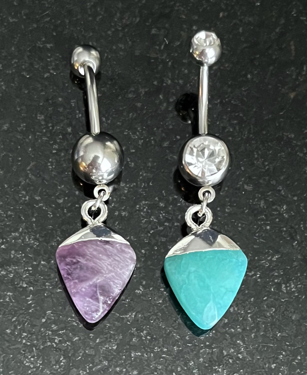 1 Piece Stunning Double Gem Stone Dangle Navel / Naval Belly Ring - 14g - 10mm - Amethyst, Green Jade, Black Agate & Clear Quartz Available!