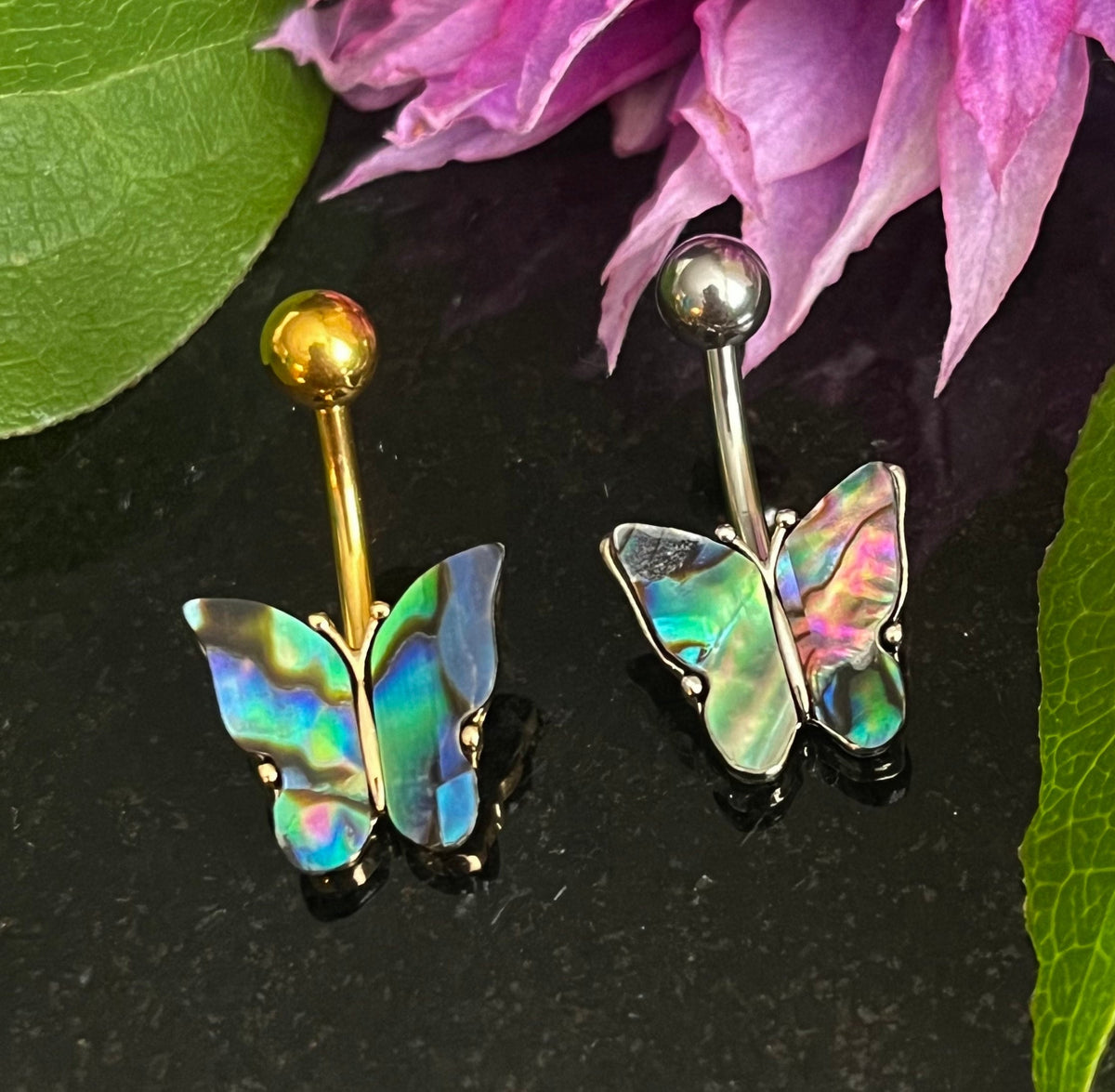 1 Piece Stunning Abalone Shell Butterfly Navel / Naval Belly Button Ring - 14g - 10mm - Gold and Silver Available!