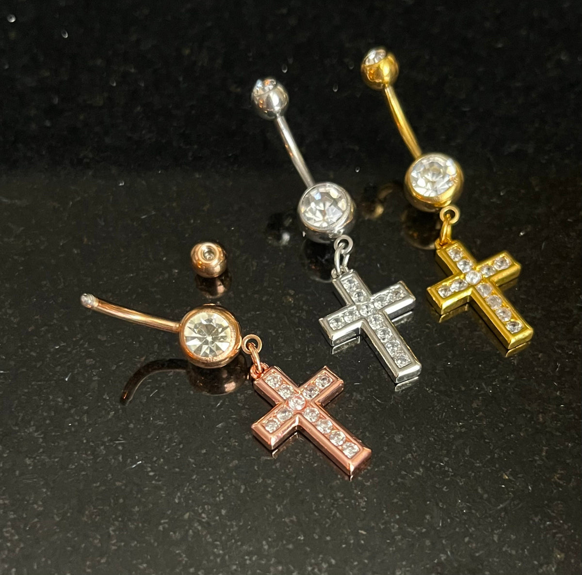1 Piece Beautiful CZ Gem Set Paved Cross Navel / Naval Belly Button Ring - 14g - 10mm - Gold, Silver and Rose Gold Available!