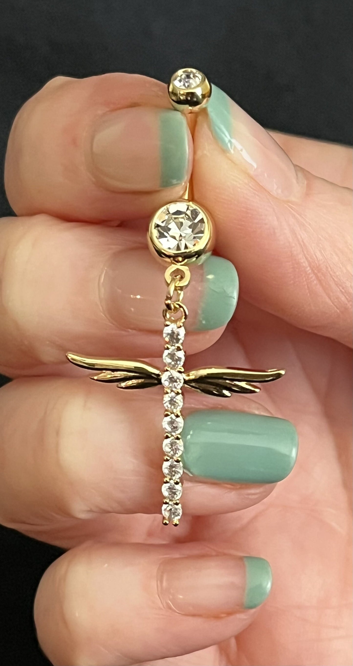 1 Piece Beautiful CZ Gem Winged Cross Navel / Naval Belly Button Ring - 14g - 10mm - Gold, Silver and Rose Gold Available!