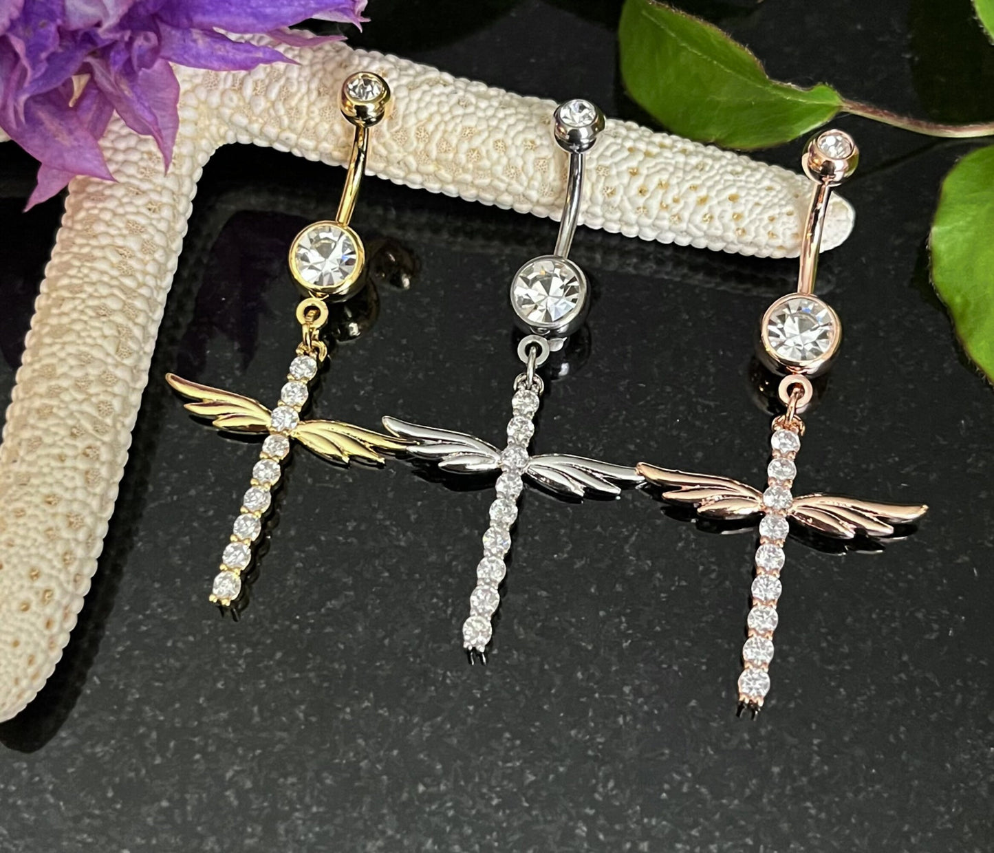 1 Piece Beautiful CZ Gem Winged Cross Navel / Naval Belly Button Ring - 14g - 10mm - Gold, Silver and Rose Gold Available!
