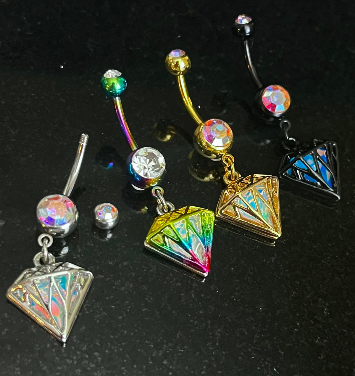 1 Piece Unique Iridescent Diamond-Shaped Gem Dangle Ring Navel / Naval Belly Ring - 14g - 10mm - Gold, Steel, Rainbow & Black Available!