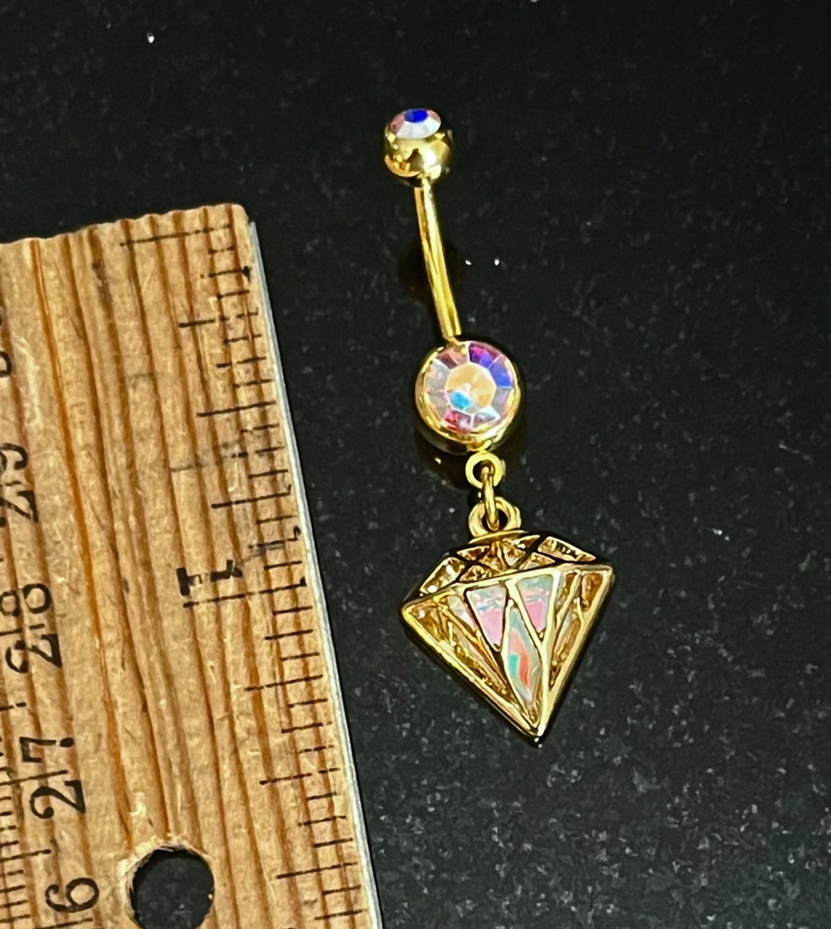 1 Piece Unique Iridescent Diamond-Shaped Gem Dangle Ring Navel / Naval Belly Ring - 14g - 10mm - Gold, Steel, Rainbow & Black Available!