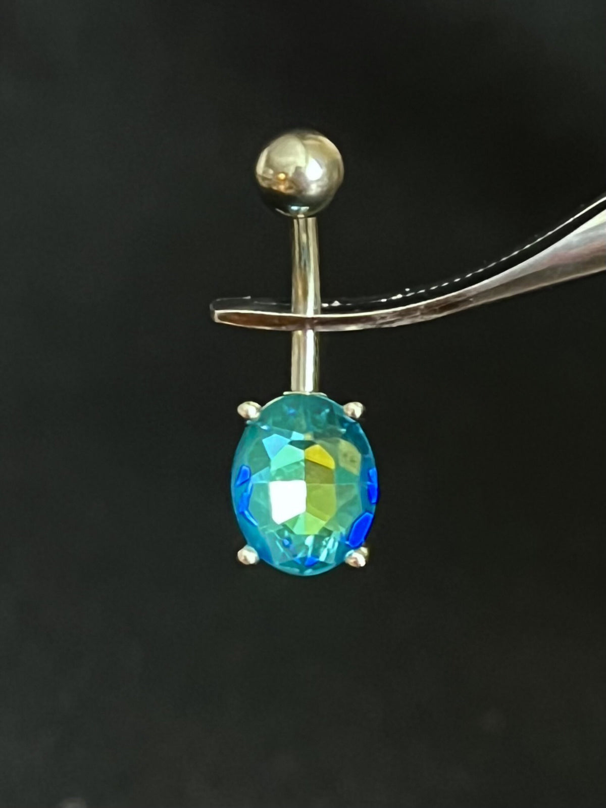 1 Piece Brilliant Prong Set Aurora Borealis Effect Oval Crystal Gem Navel/Naval Belly Ring - 14g - Available in a Variety of Colors!
