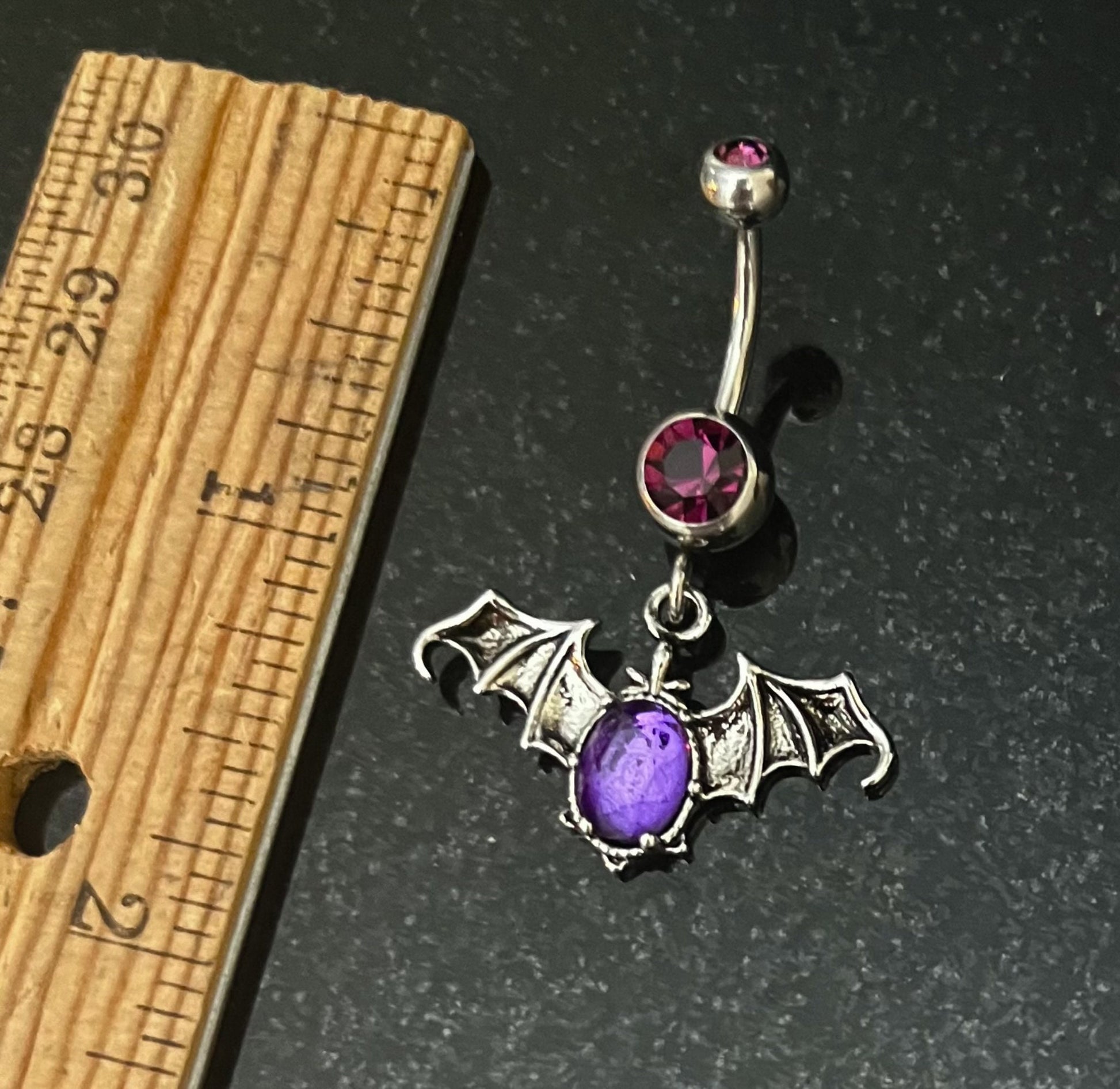 1 Piece Unusual Gothic Bat Gem Dangle Navel / Naval Belly Button Ring - 14g - 10mm - Purple and Red Available!
