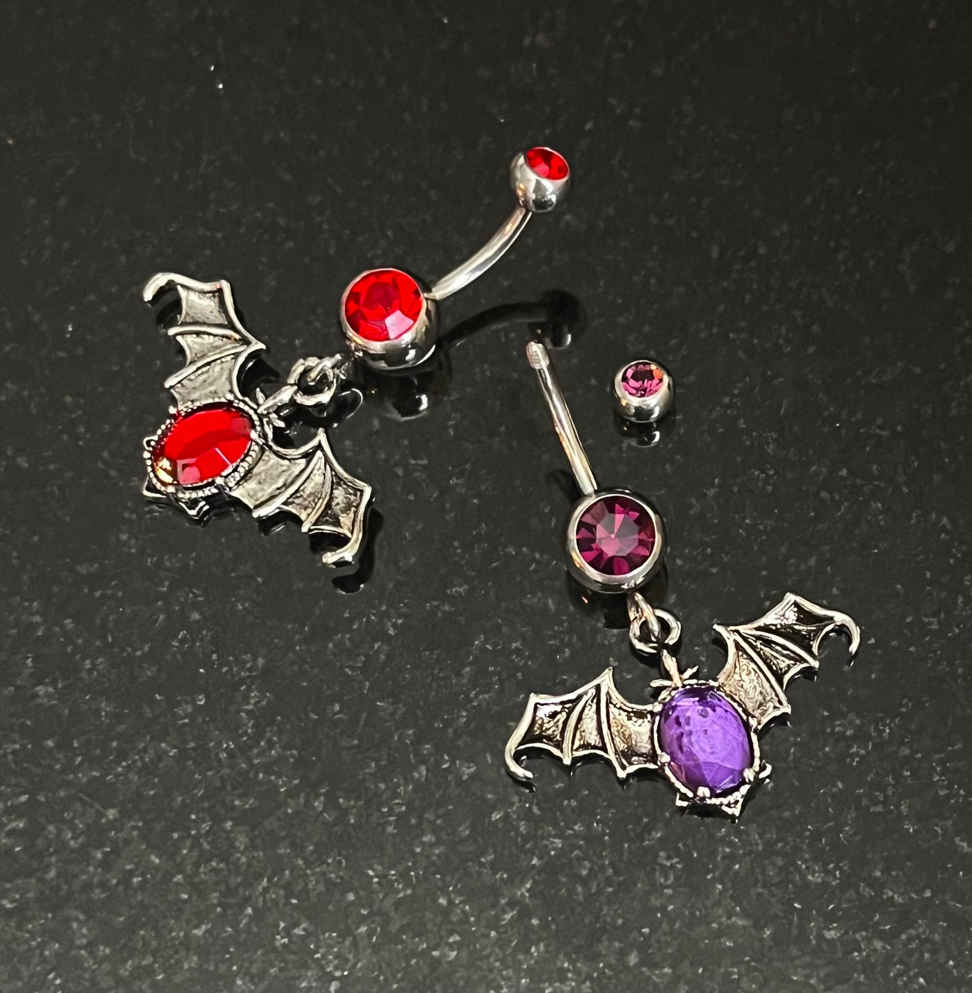 1 Piece Unusual Gothic Bat Gem Dangle Navel / Naval Belly Button Ring - 14g - 10mm - Purple and Red Available!