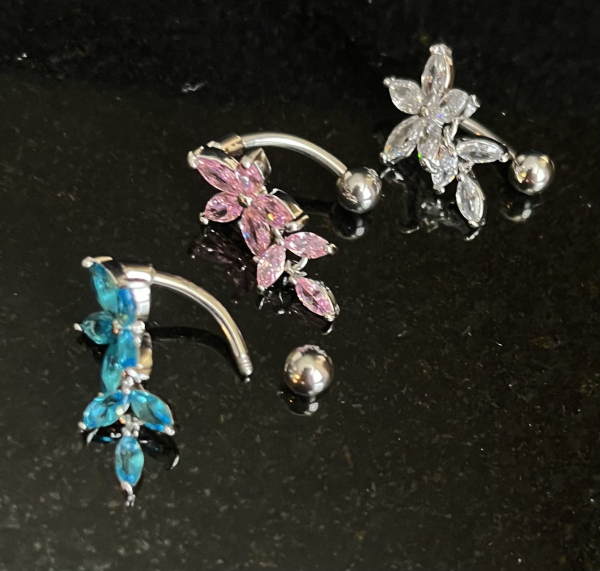 1 Piece Brilliant Marquise CZ Gem Flower & Vine Top Drop Dangle Reverse Navel/Naval Belly Ring- 14g - 10mm - Clear, Pink and Aqua Available!