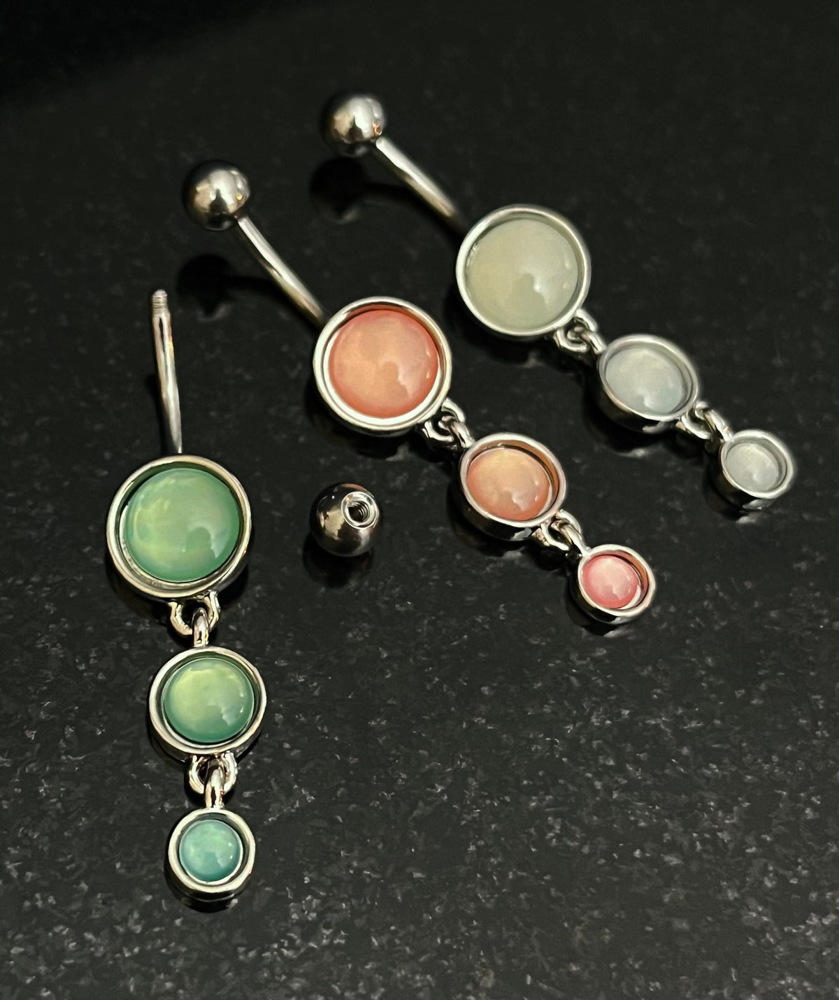 1 Piece Stunning Triple Round Illuminating Stone Dangle Ring Navel / Naval Belly Ring - 14g - 10mm - Available in Clear, Pink & Aqua!