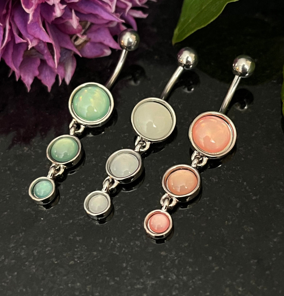 1 Piece Stunning Triple Round Illuminating Stone Dangle Ring Navel / Naval Belly Ring - 14g - 10mm - Available in Clear, Pink & Aqua!