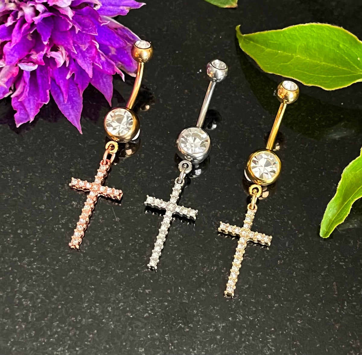 1 Piece Stunning Crystal Gem Paved Cross Dangle Navel / Naval Belly Button Ring - 14g - 10mm - Gold, Silver and Rose Gold Available!