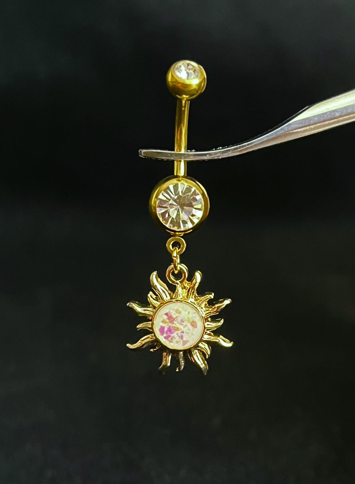 1 Piece Stunning Tribal Sun Opal Glitter Dangle Navel / Naval Belly Ring - 14g - 10mm - Available in Clear, Aqua, Pink, Gold and Rose Gold!