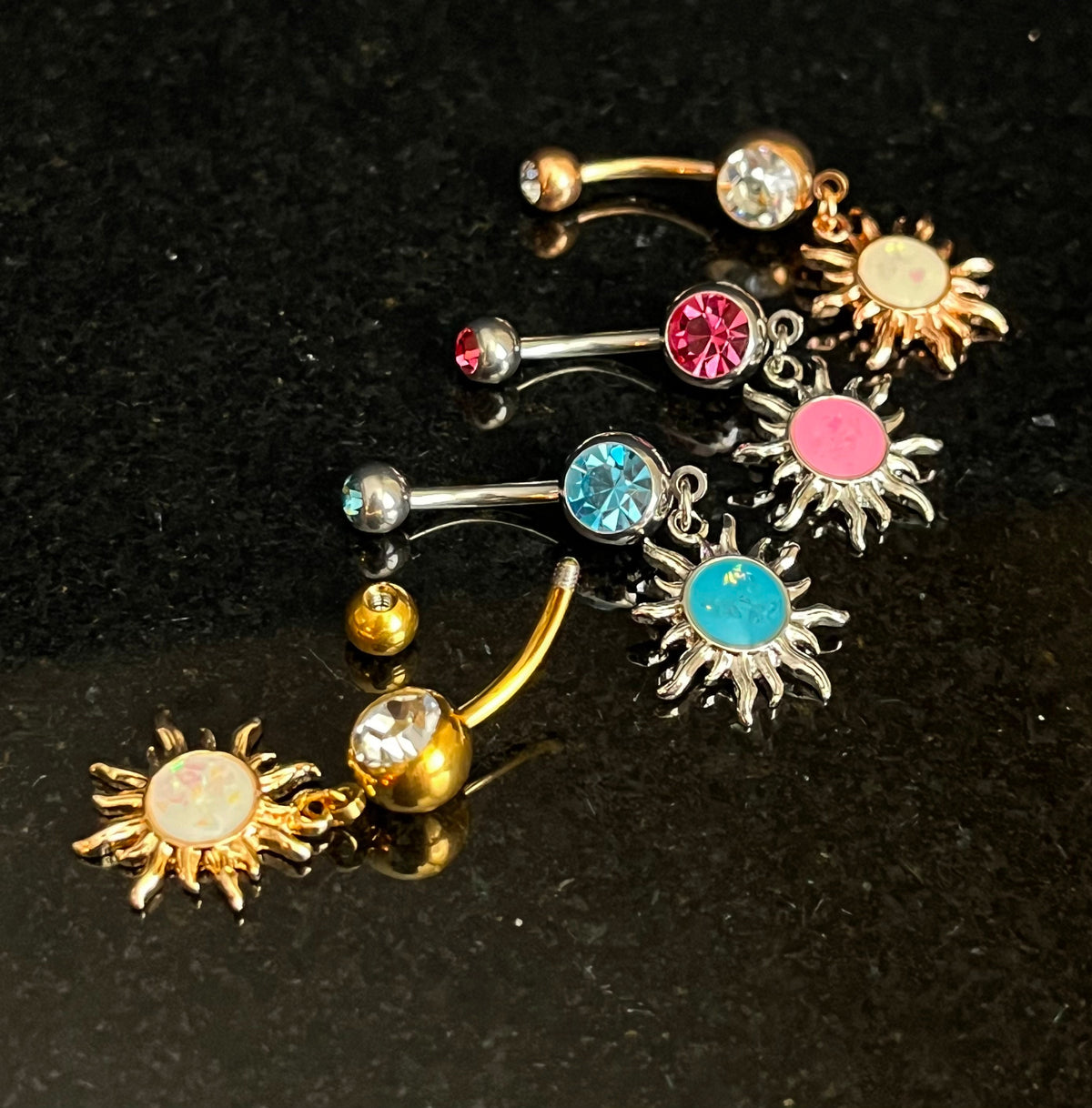1 Piece Stunning Tribal Sun Opal Glitter Dangle Navel / Naval Belly Ring - 14g - 10mm - Available in Clear, Aqua, Pink, Gold and Rose Gold!