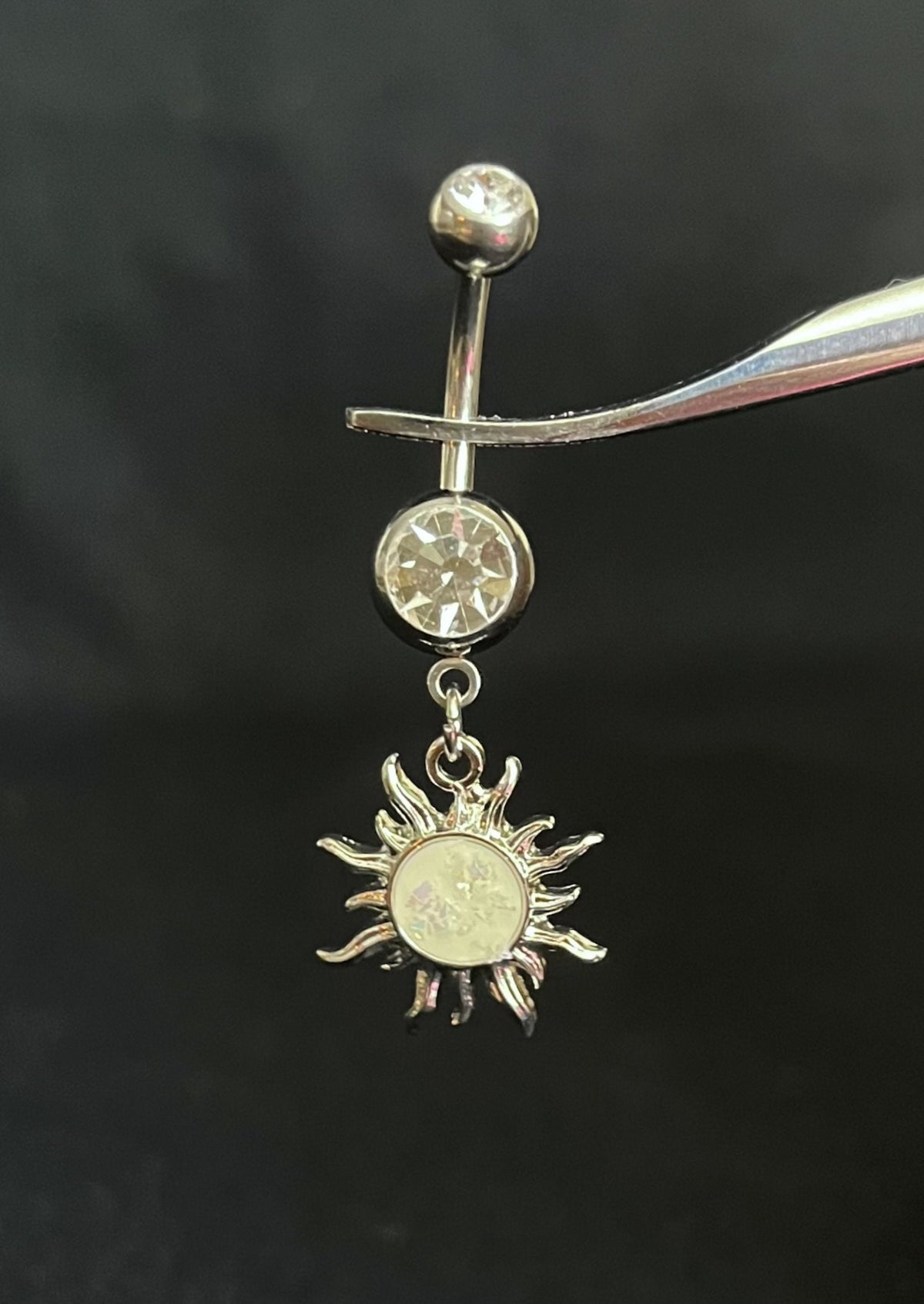 1 Piece Stunning Tribal Sun Opal Glitter Dangle Navel / Naval Belly Ring - 14g - 10mm - Available in Clear, Aqua, Pink, Gold and Rose Gold!