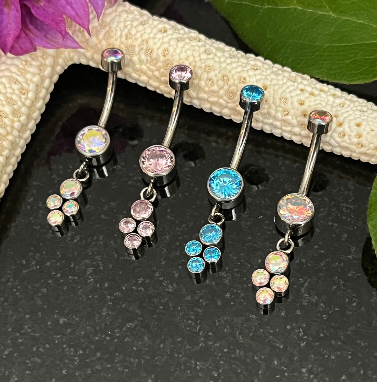 1 Piece Stunning Solid Implant Grade Titanium 4-Gem CZ Cluster Navel/Naval Belly Ring - 14g - Aurora Borealis, Clear, Pink & Aqua Available!