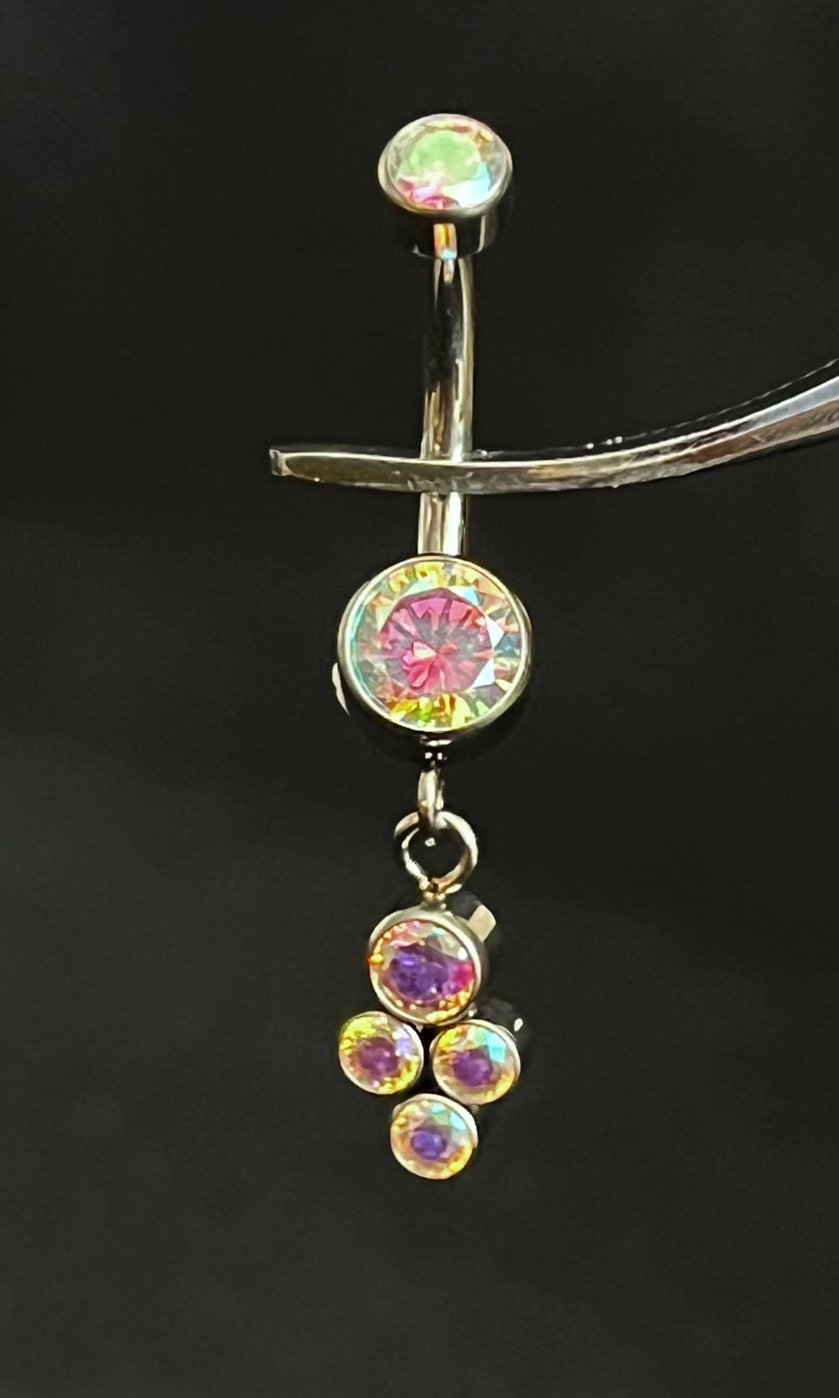 1 Piece Stunning Solid Implant Grade Titanium 4-Gem CZ Cluster Navel/Naval Belly Ring - 14g - Aurora Borealis, Clear, Pink & Aqua Available!