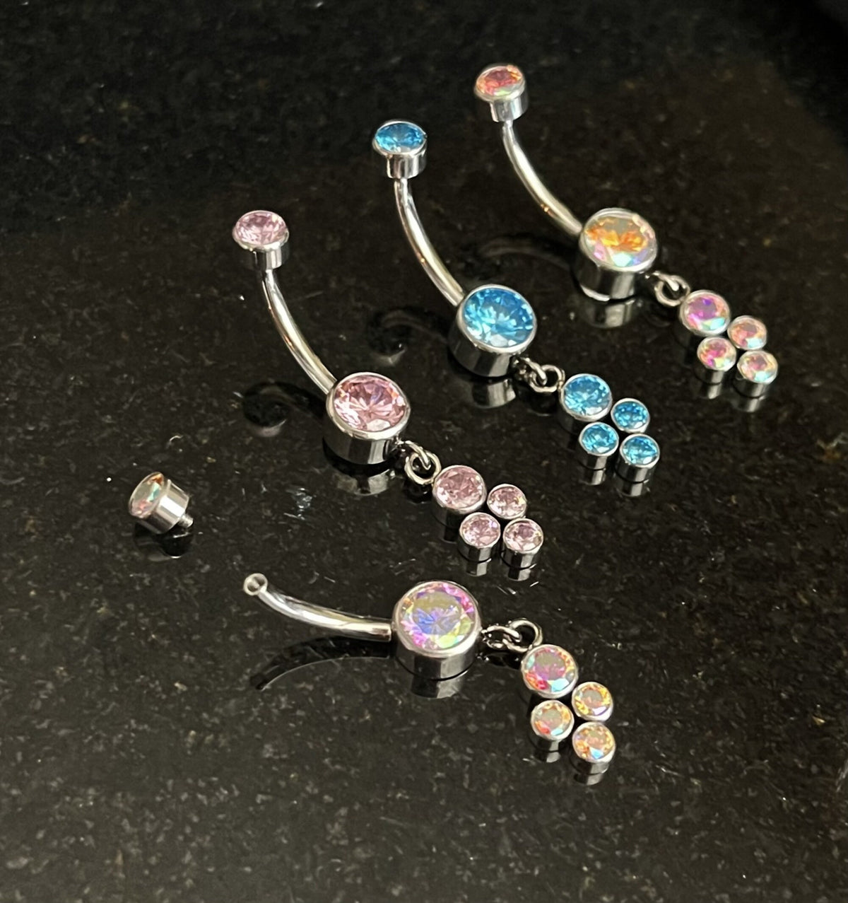 1 Piece Stunning Solid Implant Grade Titanium 4-Gem CZ Cluster Navel/Naval Belly Ring - 14g - Aurora Borealis, Clear, Pink & Aqua Available!