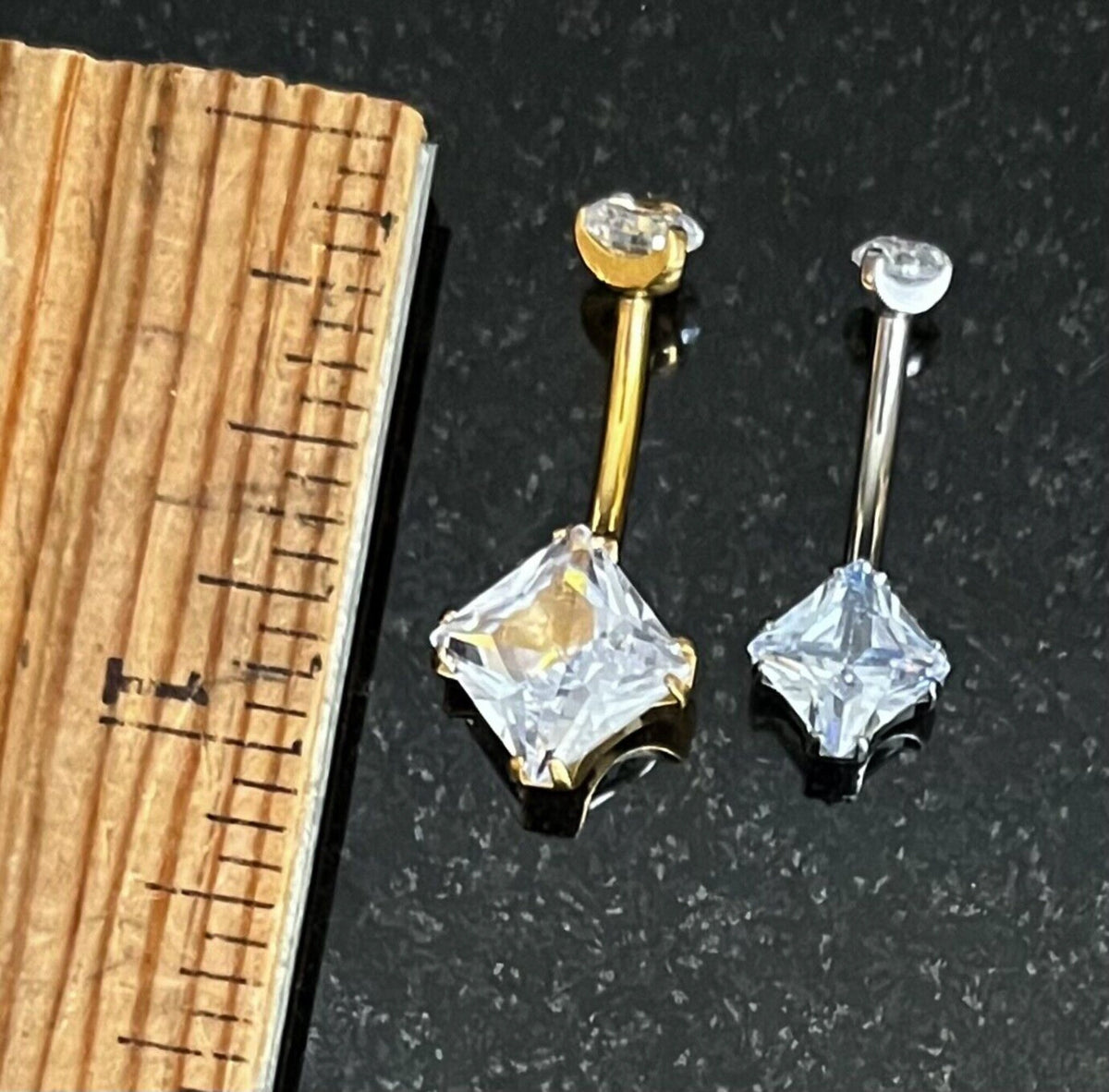 1 Piece Solid Implant Grade Titanium Square CZ Gem Navel/Naval Belly Ring - 14g - AB, Clear, Gold, Rose Gold w/Pink & Vitrail Available!