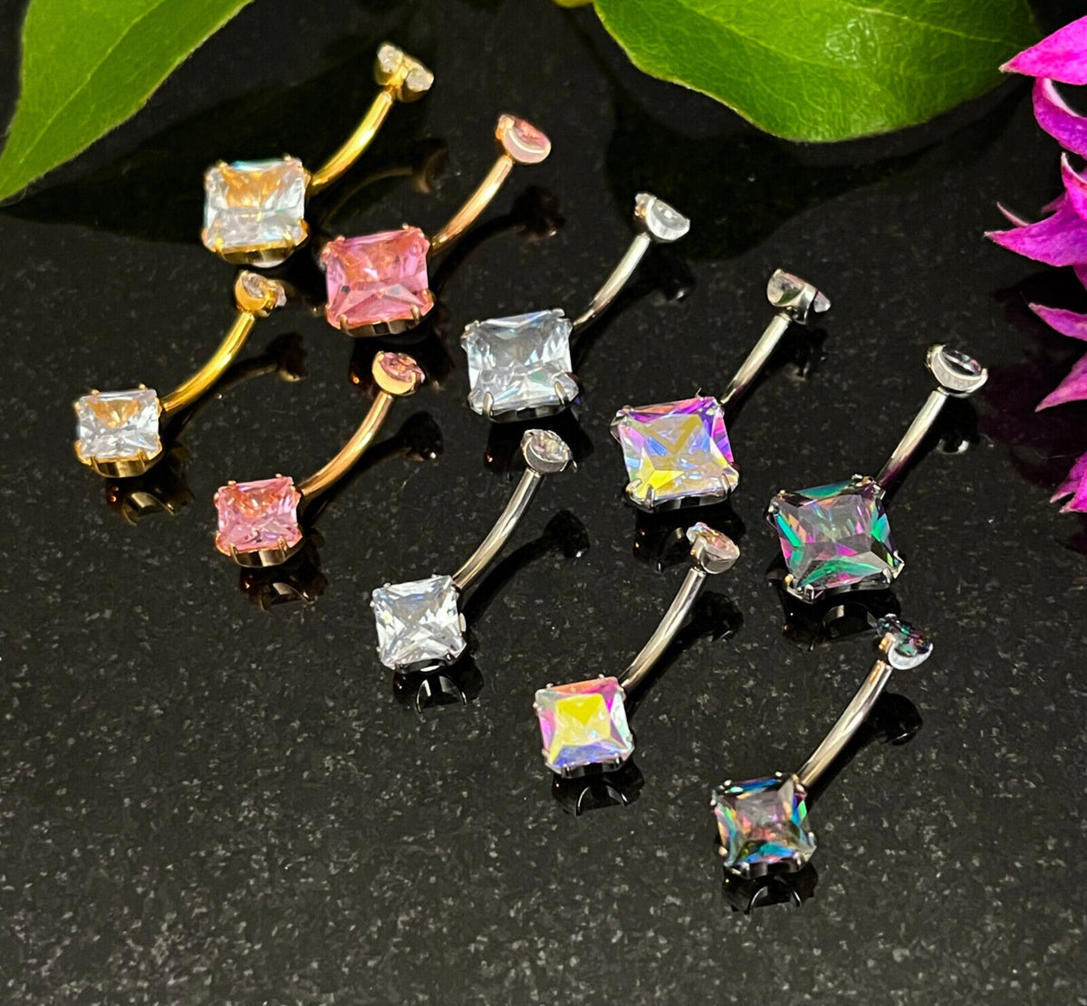 1 Piece Solid Implant Grade Titanium Square CZ Gem Navel/Naval Belly Ring - 14g - AB, Clear, Gold, Rose Gold w/Pink & Vitrail Available!