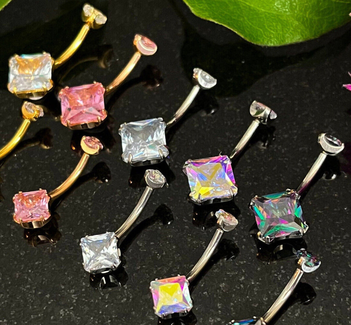 1 Piece Solid Implant Grade Titanium Square CZ Gem Navel/Naval Belly Ring - 14g - AB, Clear, Gold, Rose Gold w/Pink & Vitrail Available!
