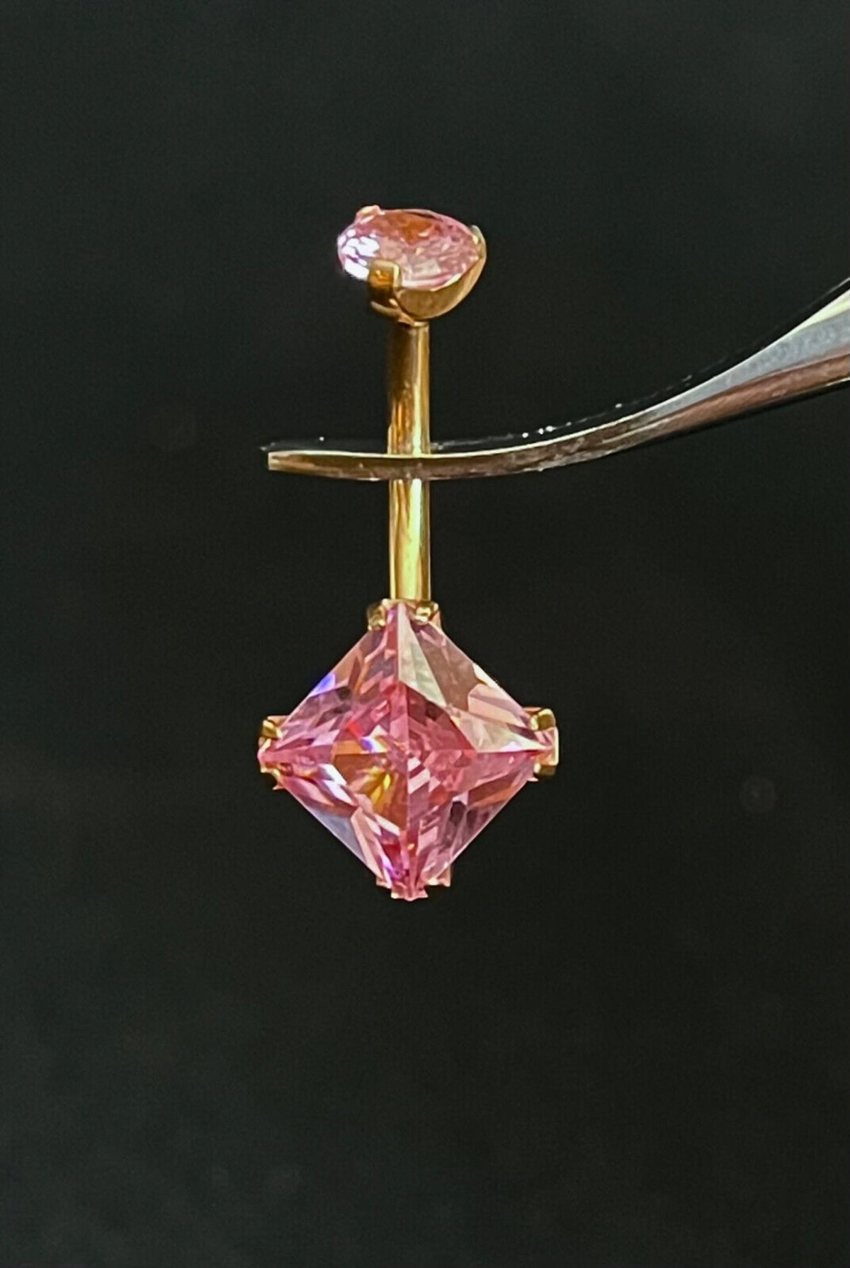 1 Piece Solid Implant Grade Titanium Square CZ Gem Navel/Naval Belly Ring - 14g - AB, Clear, Gold, Rose Gold w/Pink & Vitrail Available!