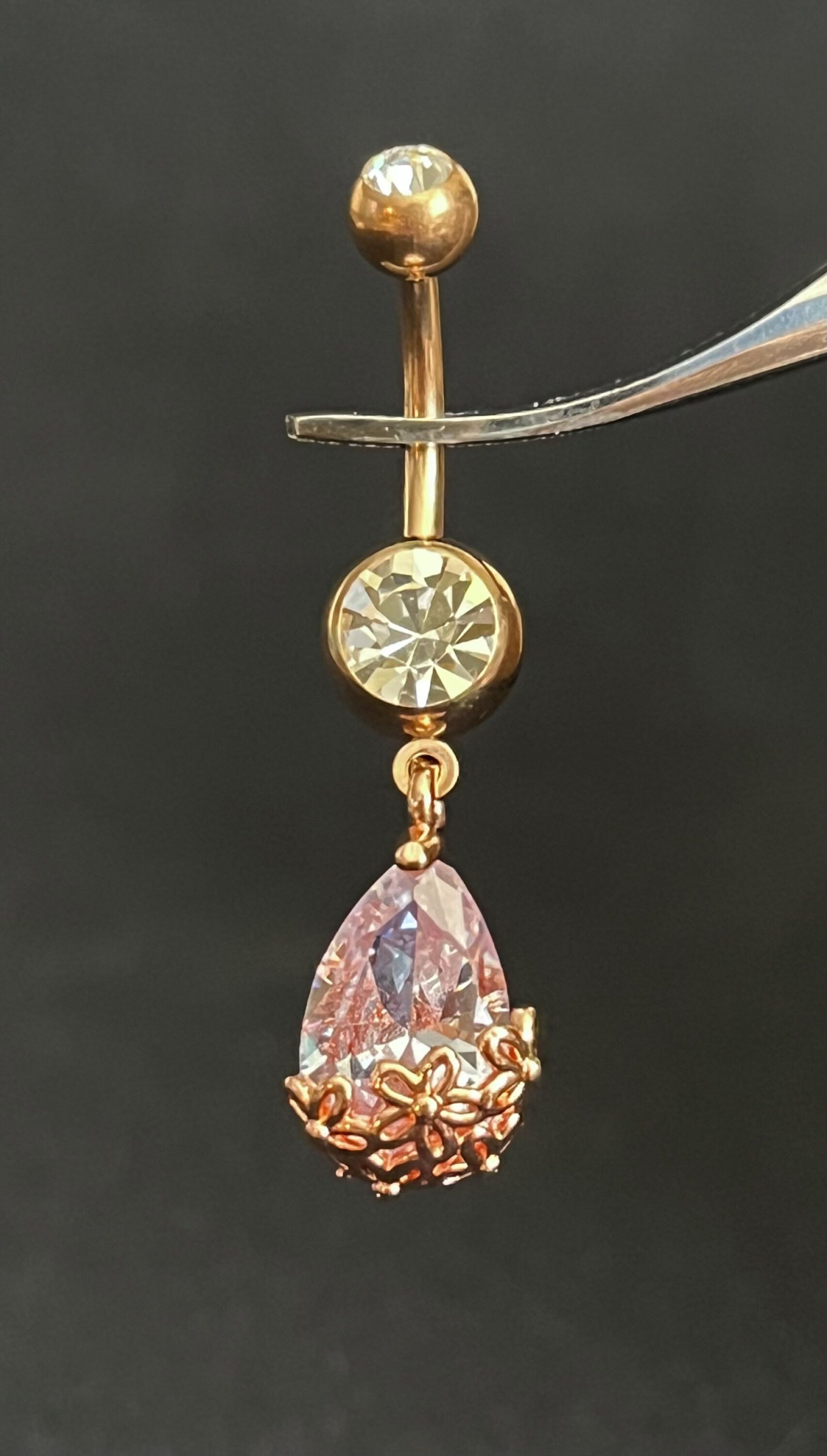 1 Piece Unique Floral Filigree Tear Drop Gem Belly Button Ring Navel / Naval Belly Ring - 14g - 10mm - Gold, Steel and Rose Gold Available!