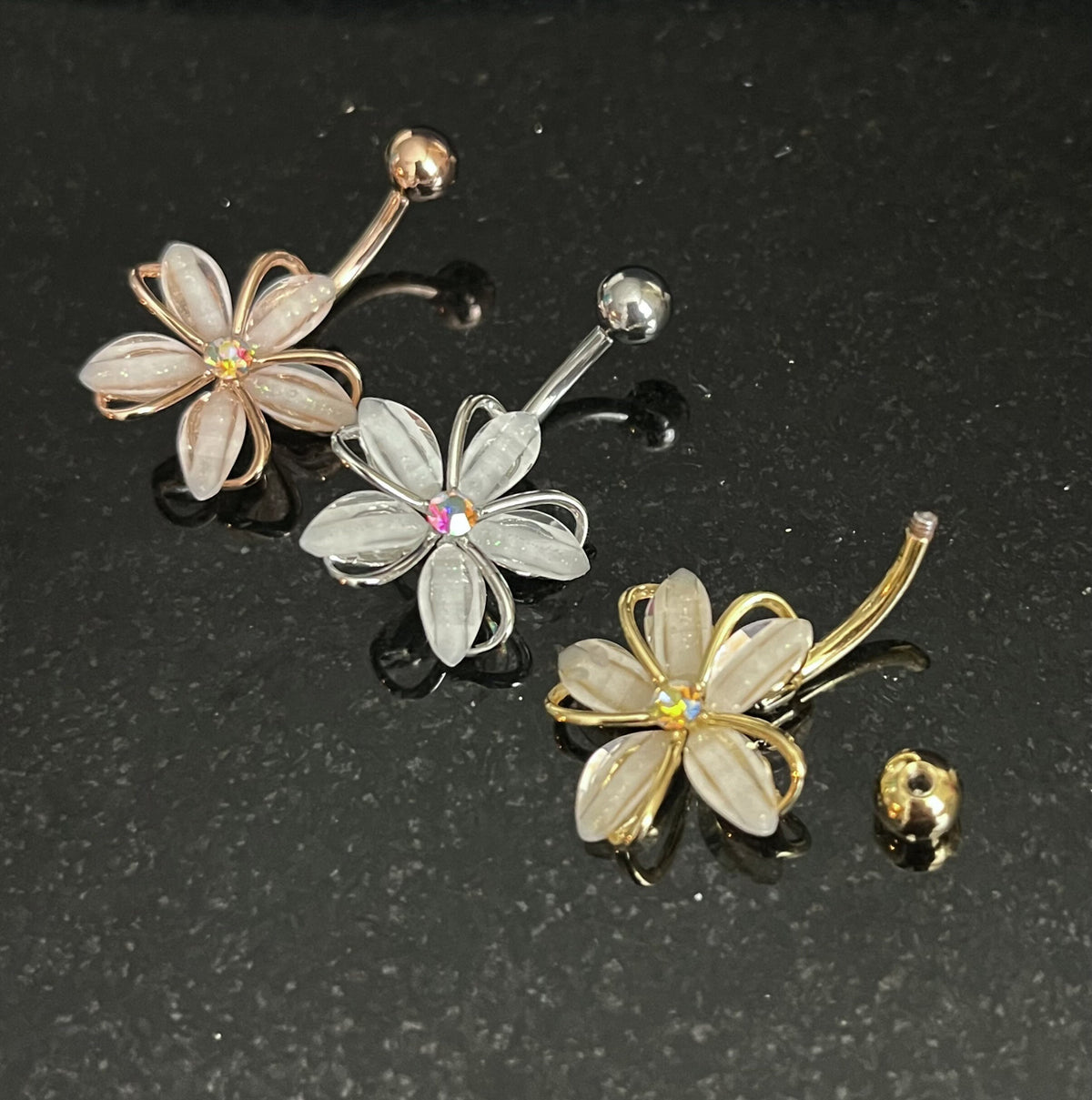 1 Piece Stunning CZ Gem Center Wire Flower Belly Button Ring Navel / Naval Belly Ring - 14g - 10mm - Gold, Steel and Rose Gold Available!