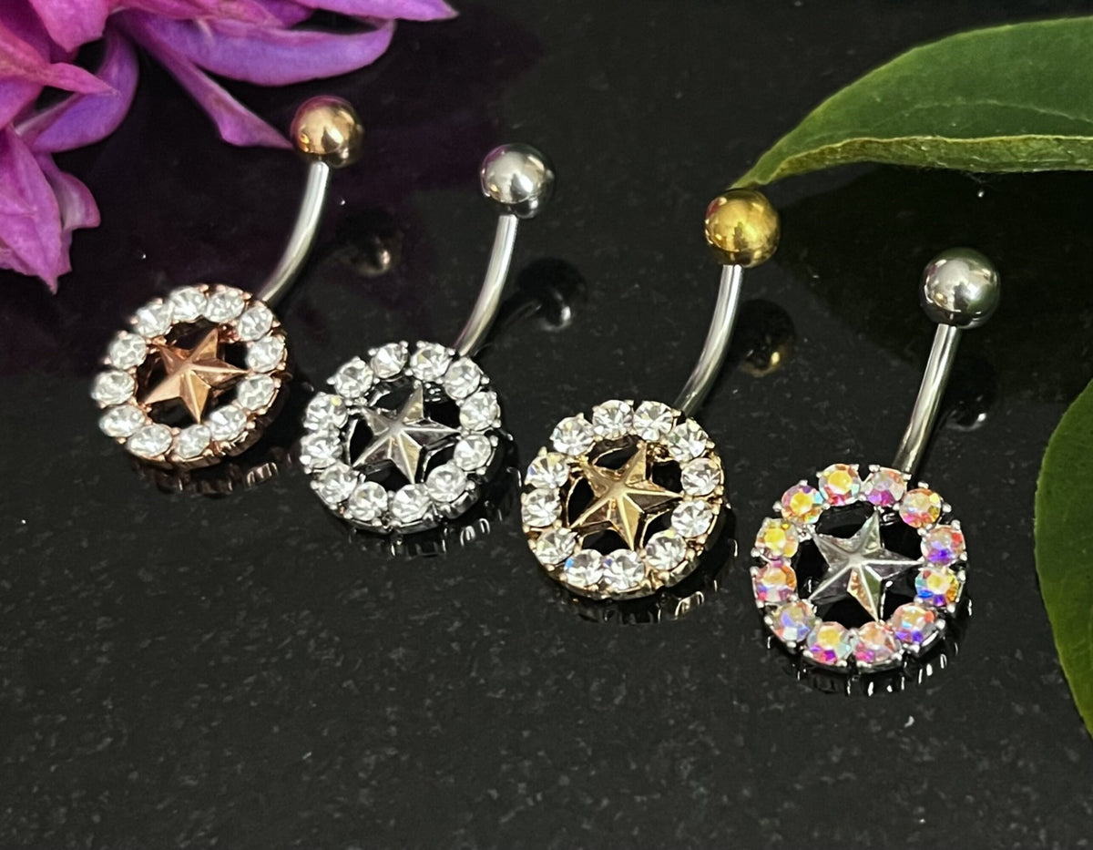 1 Piece Gem Surrounded Star Belly Button Ring Navel / Naval Belly Ring - 14g - 10mm - Aurora Borealis, Steel, Gold and Rose Gold Available!