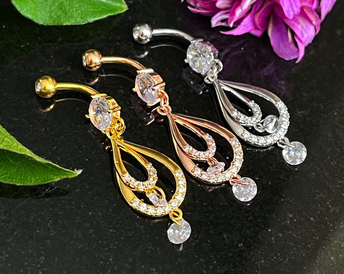 1 Piece Stunning Double CZ Gem Teardrop Belly Button Ring Navel / Naval Belly Ring - 14g - 10mm - Gold, Steel and Rose Gold Available!