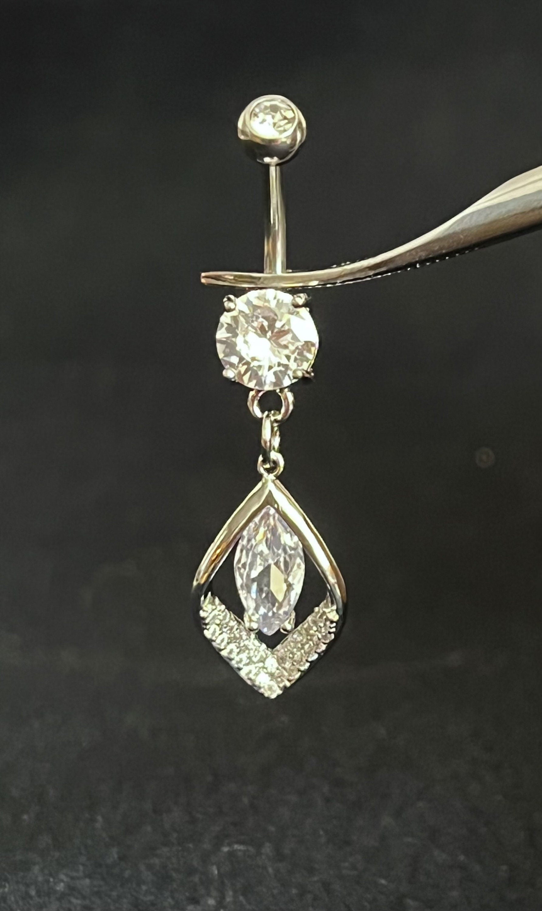 1 Piece Beautiful Hollow CZ Gem Paved Leaf Belly Button Ring Navel / Naval Belly Ring - 14g - 10mm - Gold, Steel and Rose Gold Available!