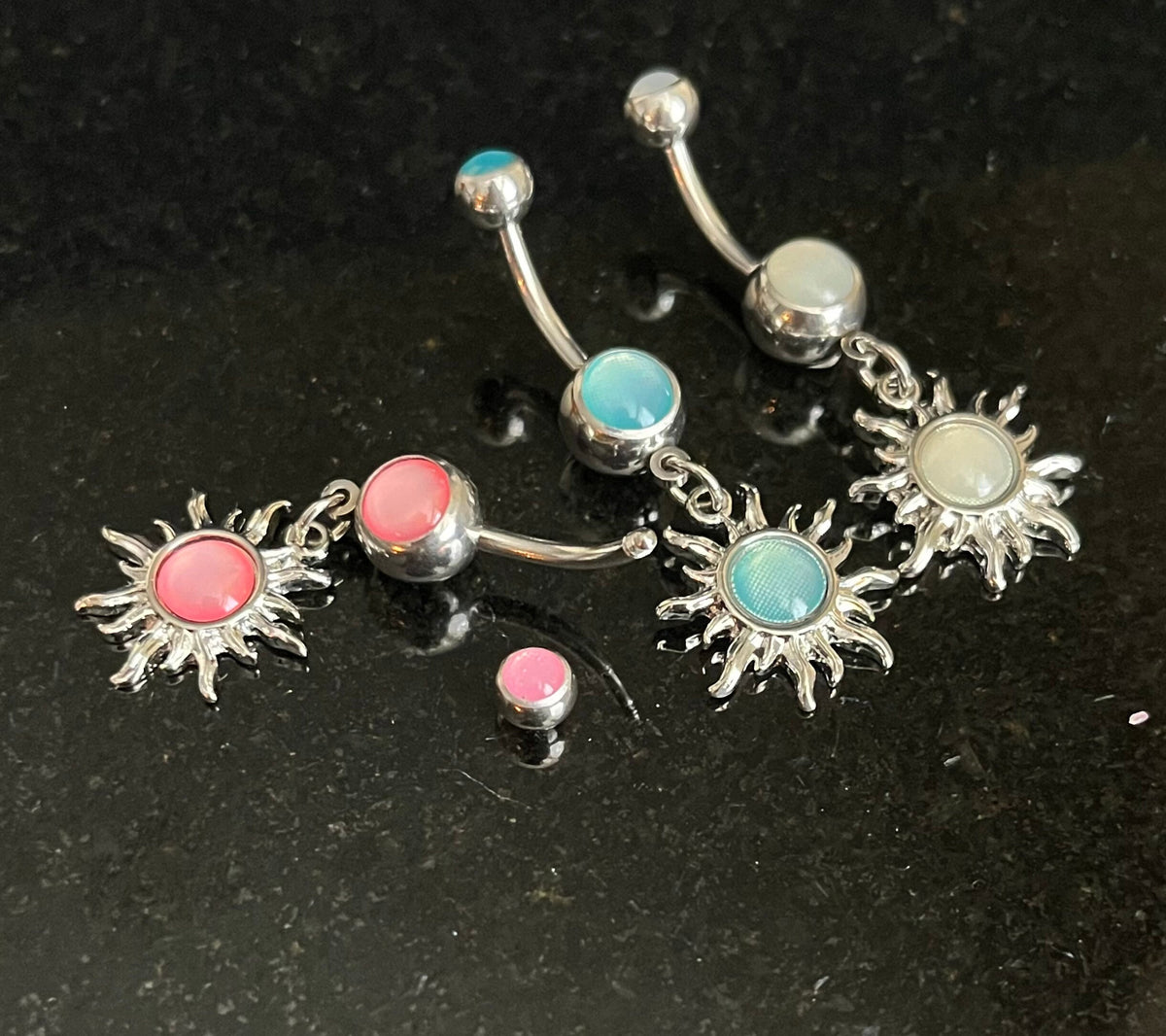 1 Piece Stunning Tribal Sun Illuminating Stone Dangle Ring Navel / Naval Belly Ring - 14g - 10mm - Available in Clear, Pink & Aqua!
