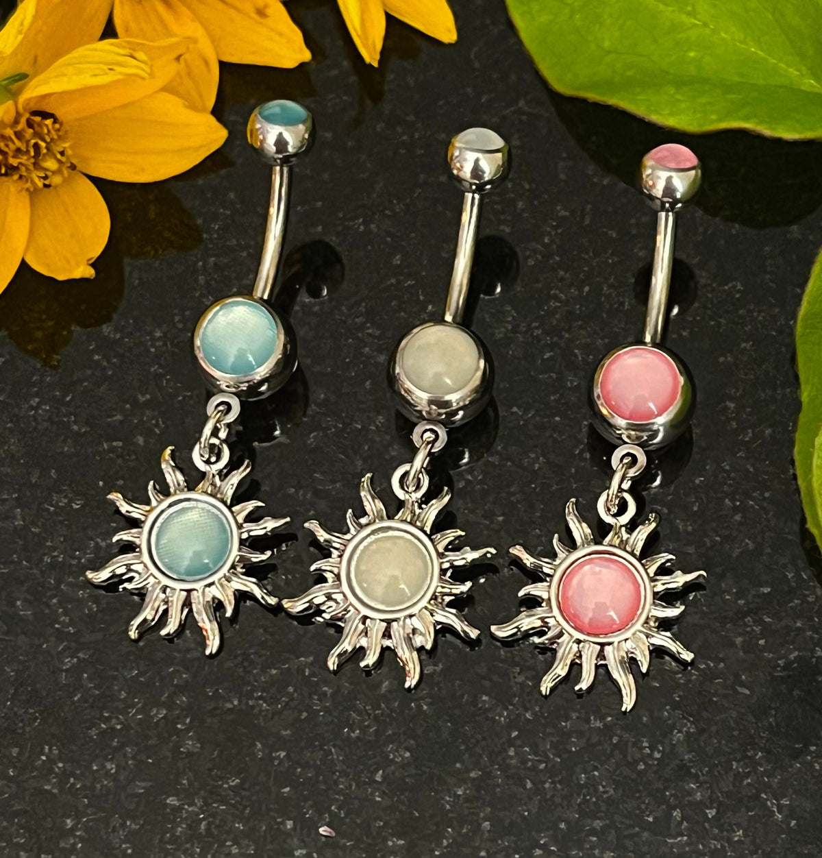 1 Piece Stunning Tribal Sun Illuminating Stone Dangle Ring Navel / Naval Belly Ring - 14g - 10mm - Available in Clear, Pink & Aqua!