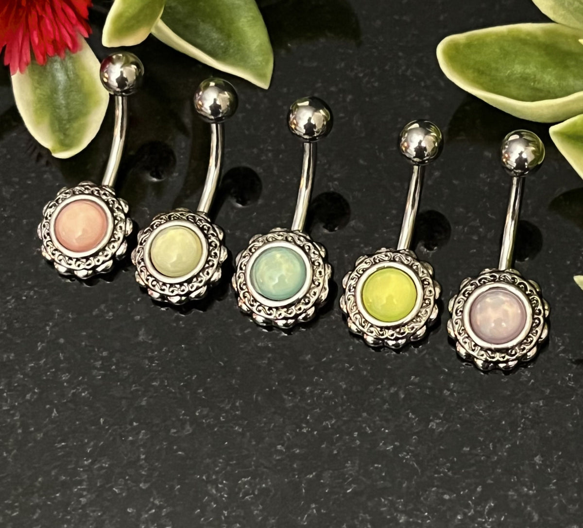 1 Piece Stunning Filigree Flower Illuminating Stone Navel / Naval Belly Ring - 14g - 10mm - Available in a Variety of Colors!