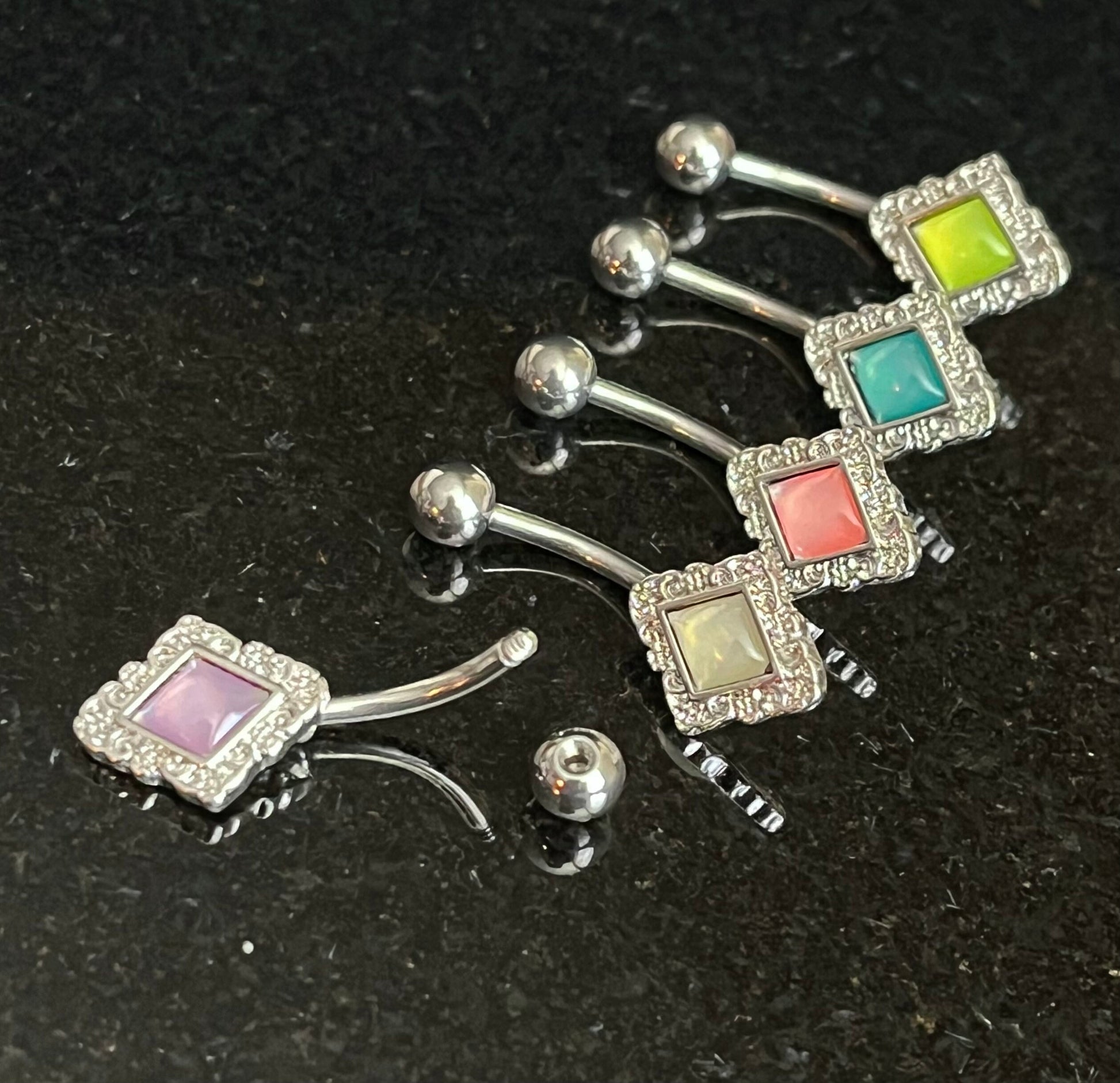 1 Piece Unique Diamond-Shaped Filigree Edge Illuminating Stone Navel / Naval Belly Ring - 14g - 10mm - Available in a Variety of Colors!