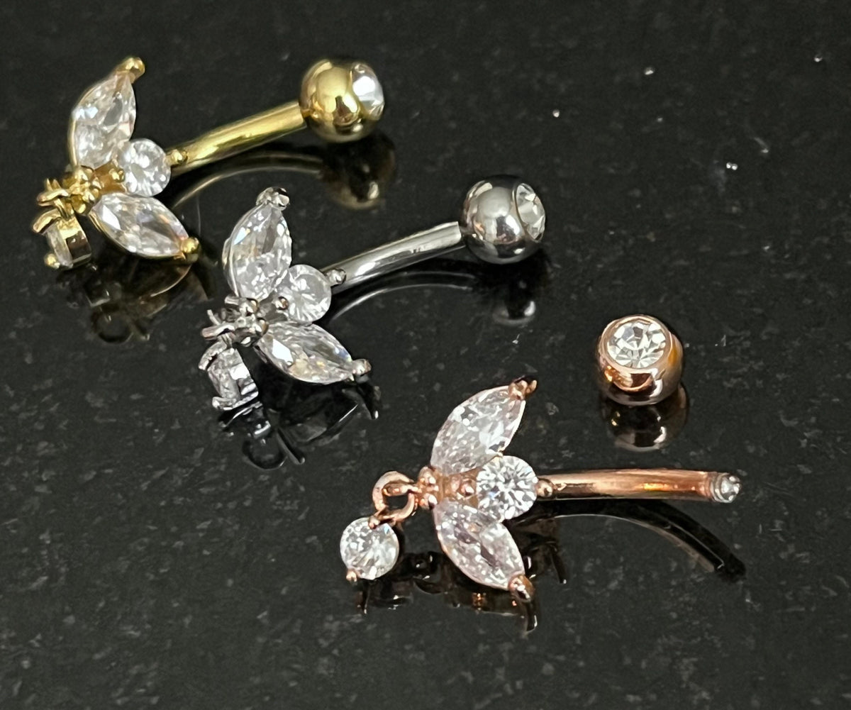 1 Piece Stunning Marquise CZ Gem Sprout Dangle Cubic Zirconia Navel / Naval Belly Ring - 14g - 10mm - Gold, Silver and Rose Gold Available!