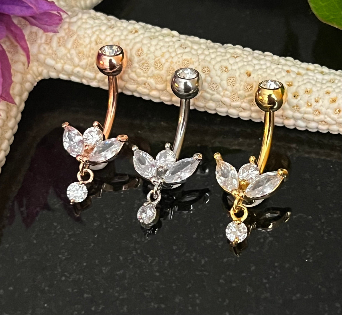 1 Piece Stunning Marquise CZ Gem Sprout Dangle Cubic Zirconia Navel / Naval Belly Ring - 14g - 10mm - Gold, Silver and Rose Gold Available!