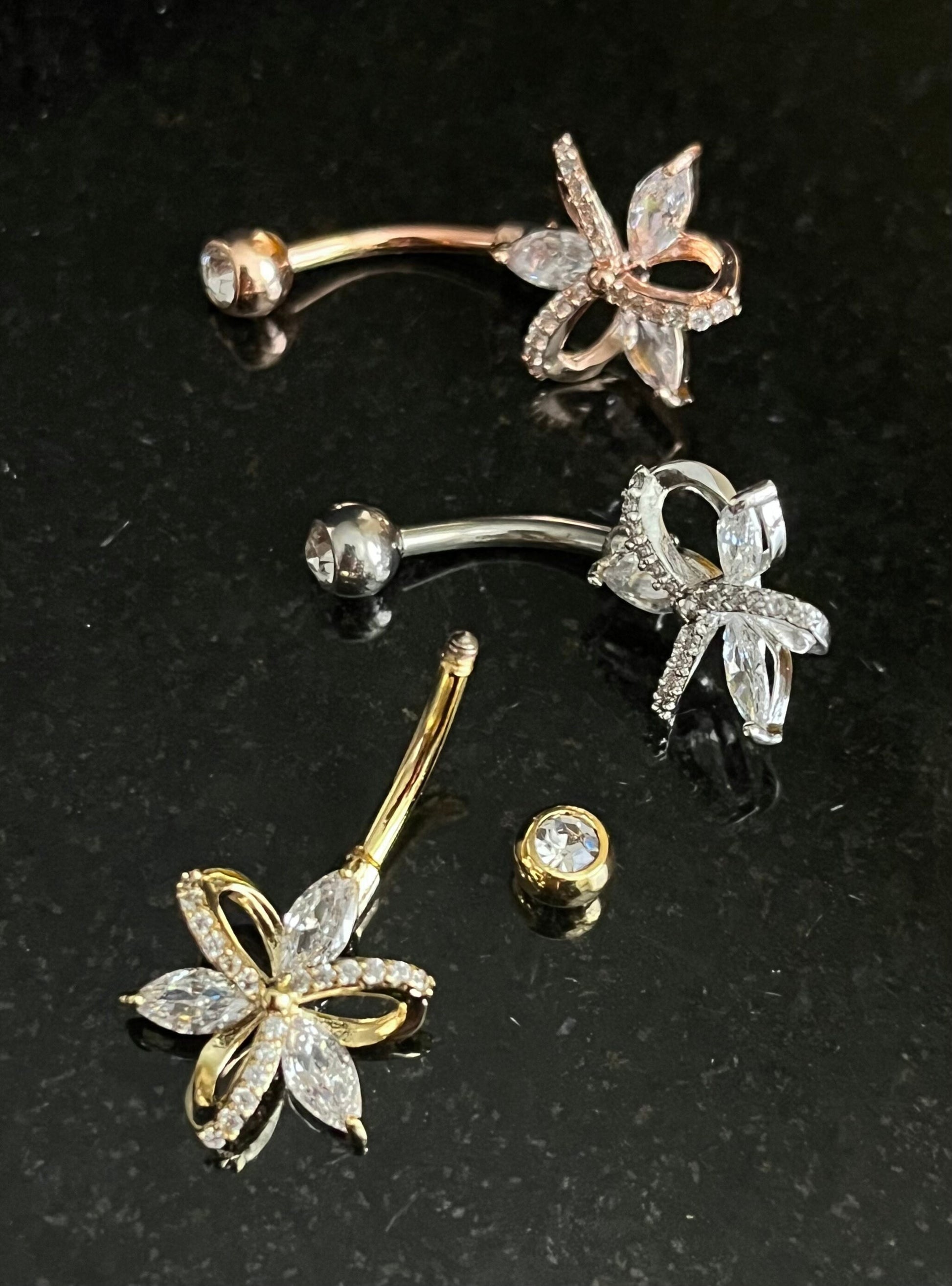 1 Piece Beautiful Hollow Paved CZ Gem Flower Navel / Naval Belly Ring - 14g - 10mm - Gold, Silver and Rose Gold Available!