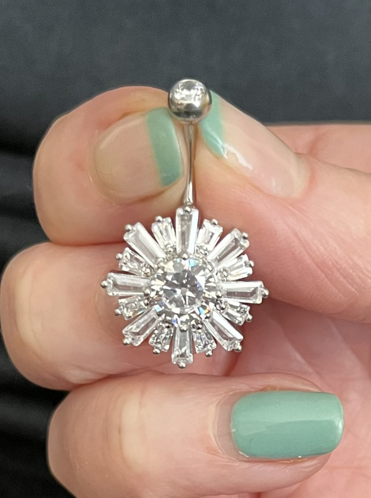 1 Piece Stunning Baguette CZ Gems Sunburst Navel / Naval Belly Button Ring - 14g - 10mm - Gold, Silver and Rose Gold Available!