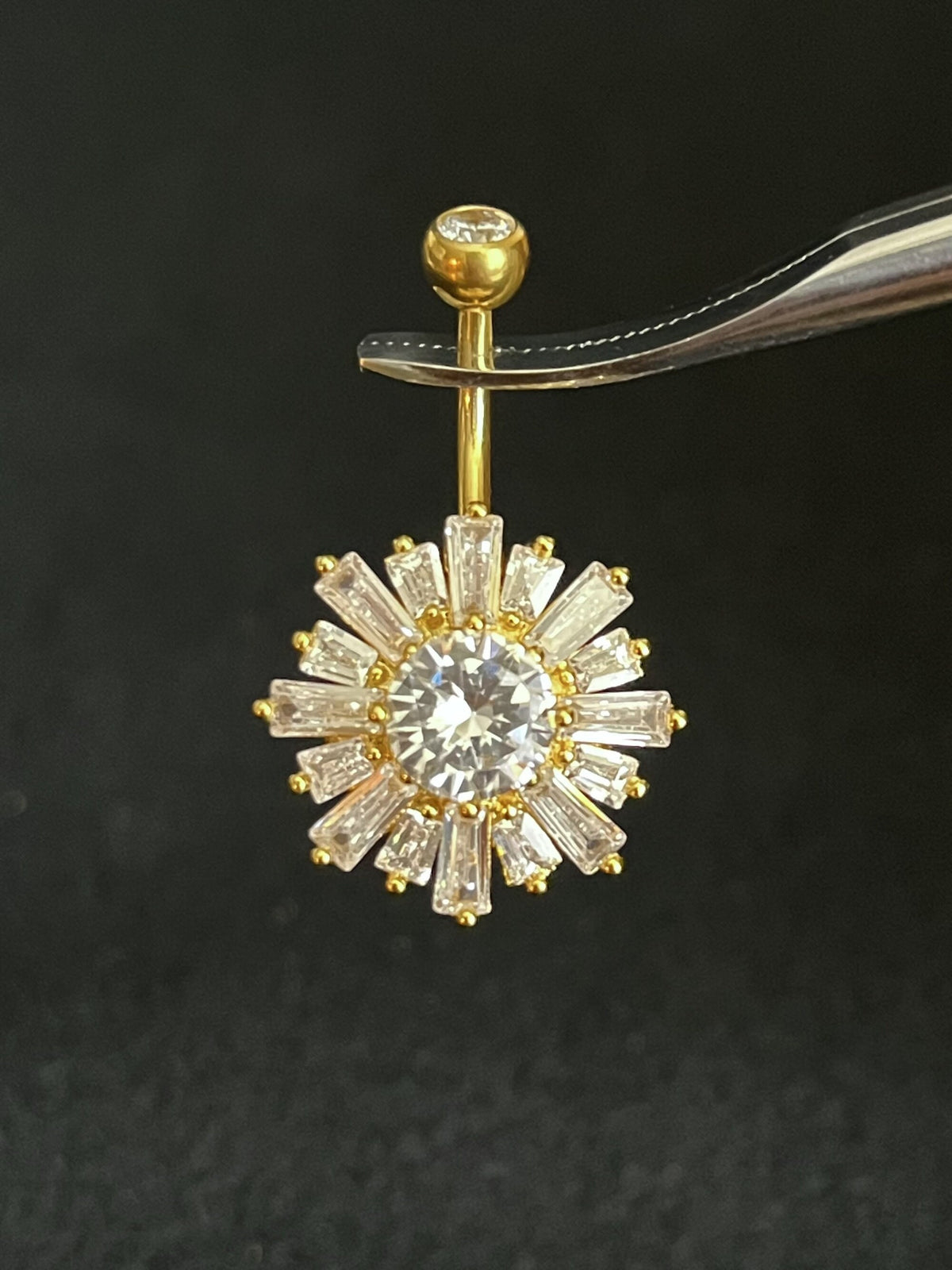 1 Piece Stunning Baguette CZ Gems Sunburst Navel / Naval Belly Button Ring - 14g - 10mm - Gold, Silver and Rose Gold Available!
