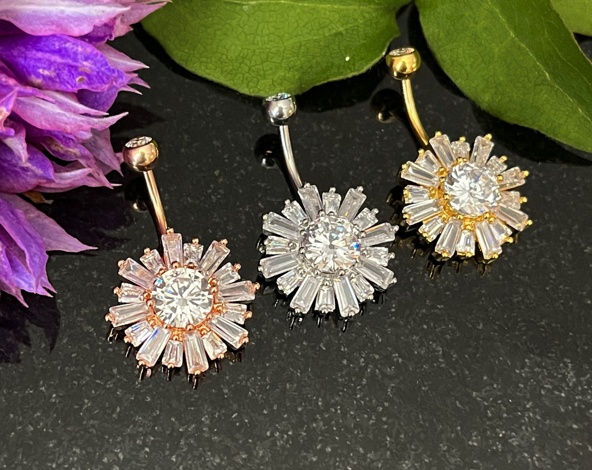1 Piece Stunning Baguette CZ Gems Sunburst Navel / Naval Belly Button Ring - 14g - 10mm - Gold, Silver and Rose Gold Available!