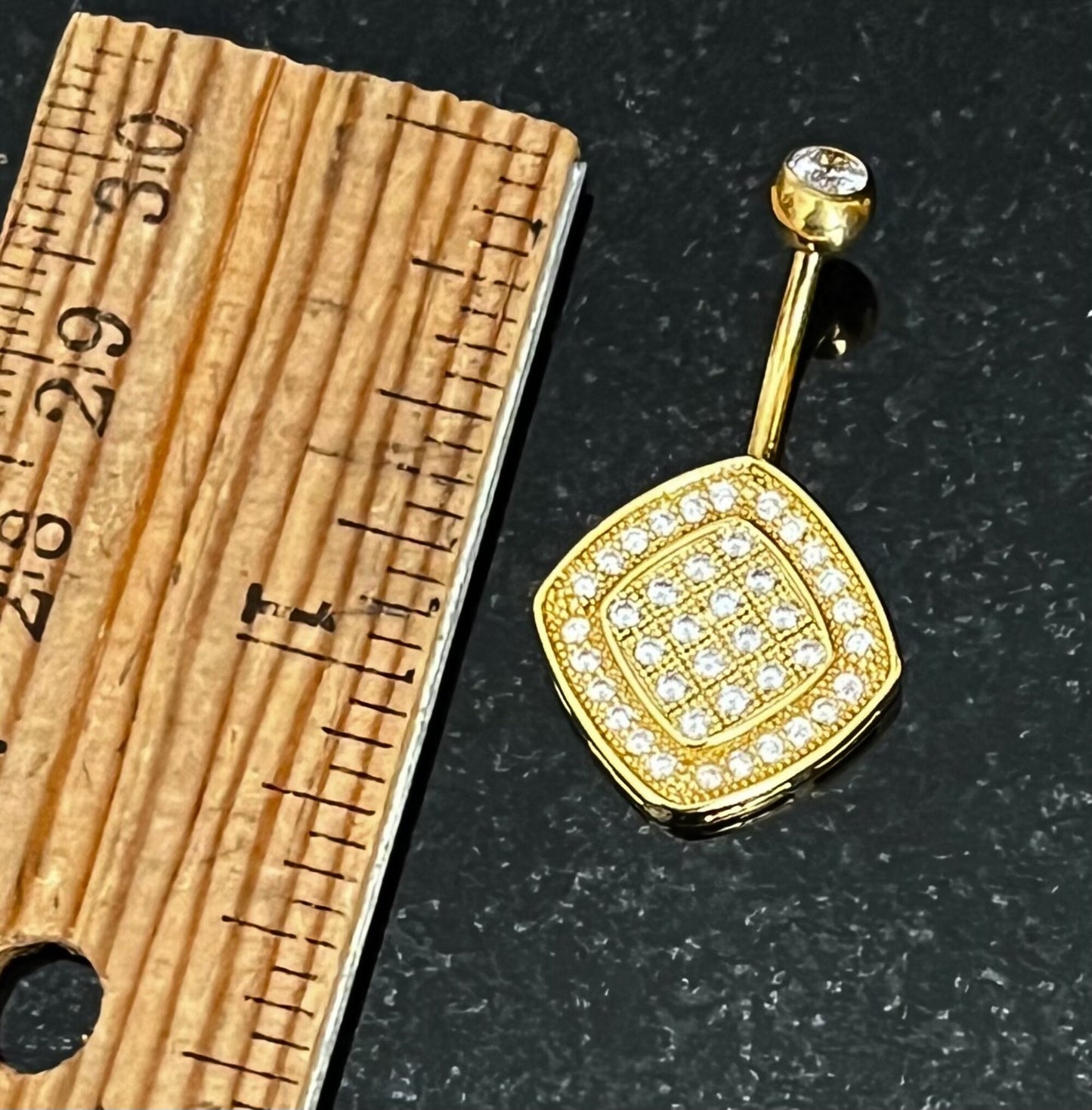 1 Piece Unique Paved CZ Gems Square Navel / Naval Belly Button Ring - 14g - 10mm - Gold, Silver and Rose Gold Available!