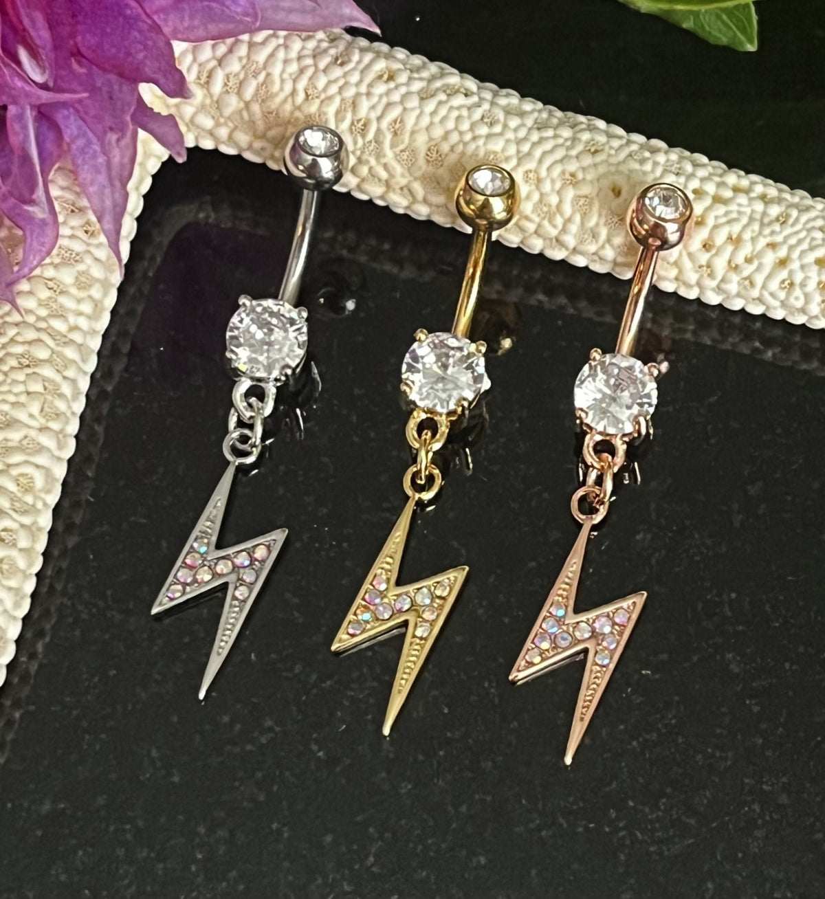 1 Piece Unique Cubic Zirconia Gem Paved Lightning Bolt Navel / Naval Belly Button Ring - 14g - 10mm - Rose Gold, Gold and Silver Available!