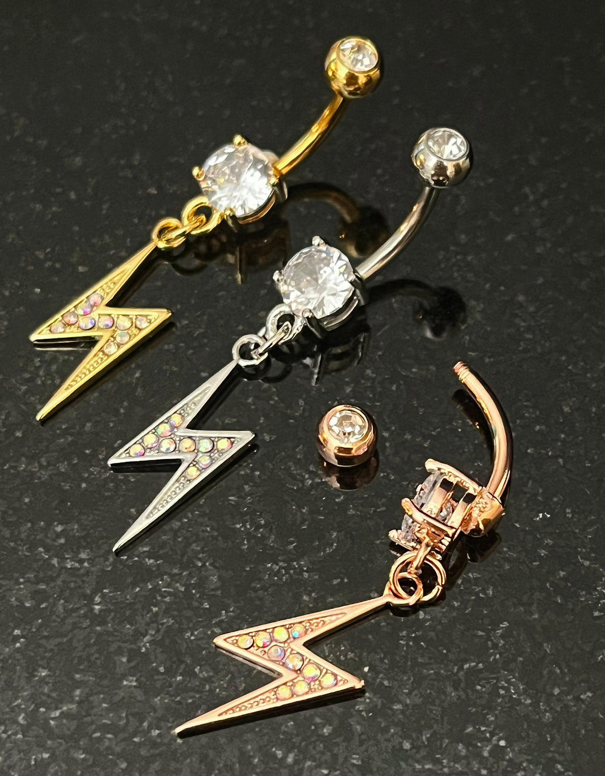 1 Piece Unique Cubic Zirconia Gem Paved Lightning Bolt Navel / Naval Belly Button Ring - 14g - 10mm - Rose Gold, Gold and Silver Available!