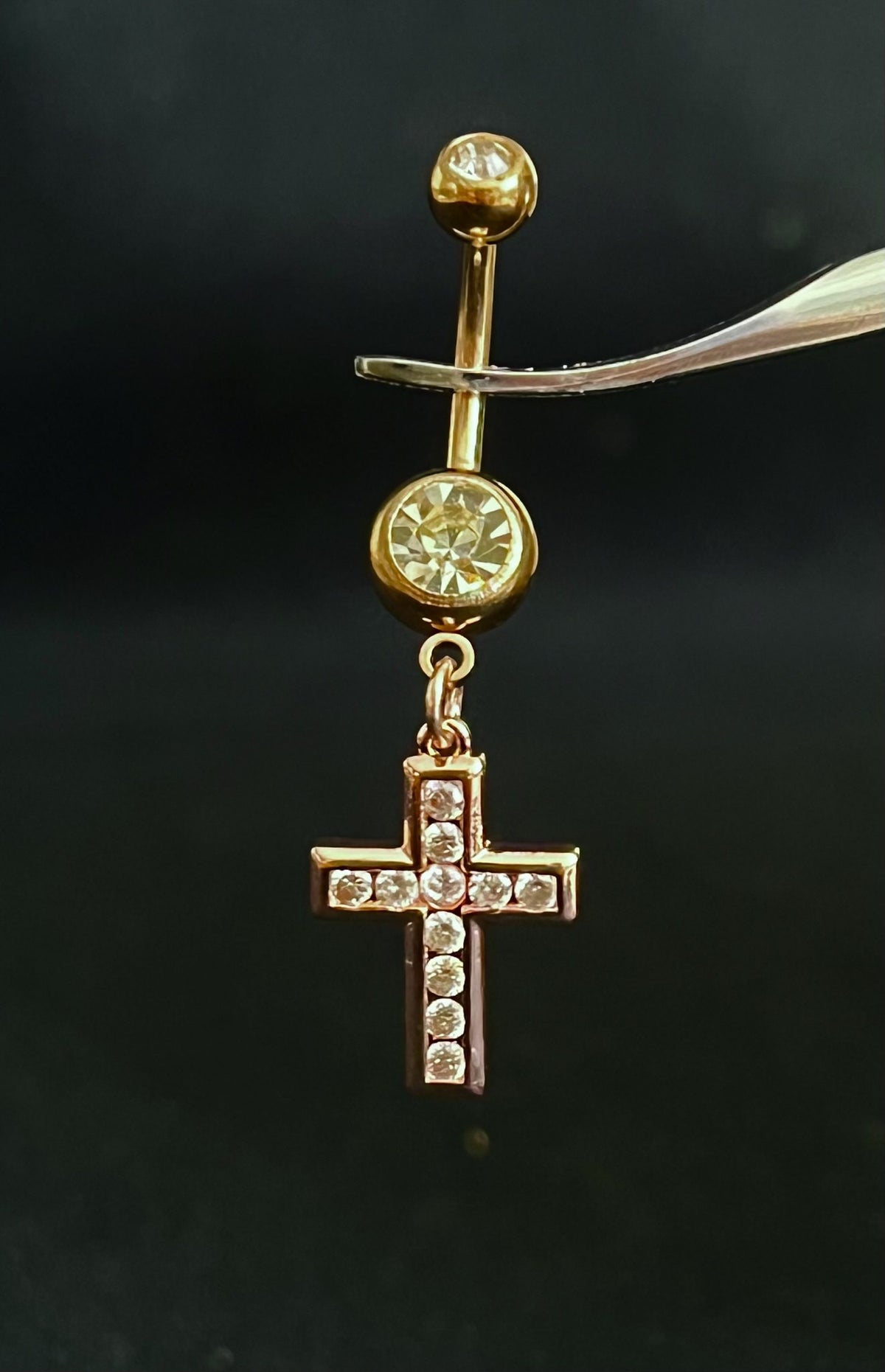 1 Piece Beautiful CZ Gem Set Paved Cross Navel / Naval Belly Button Ring - 14g - 10mm - Gold, Silver and Rose Gold Available!