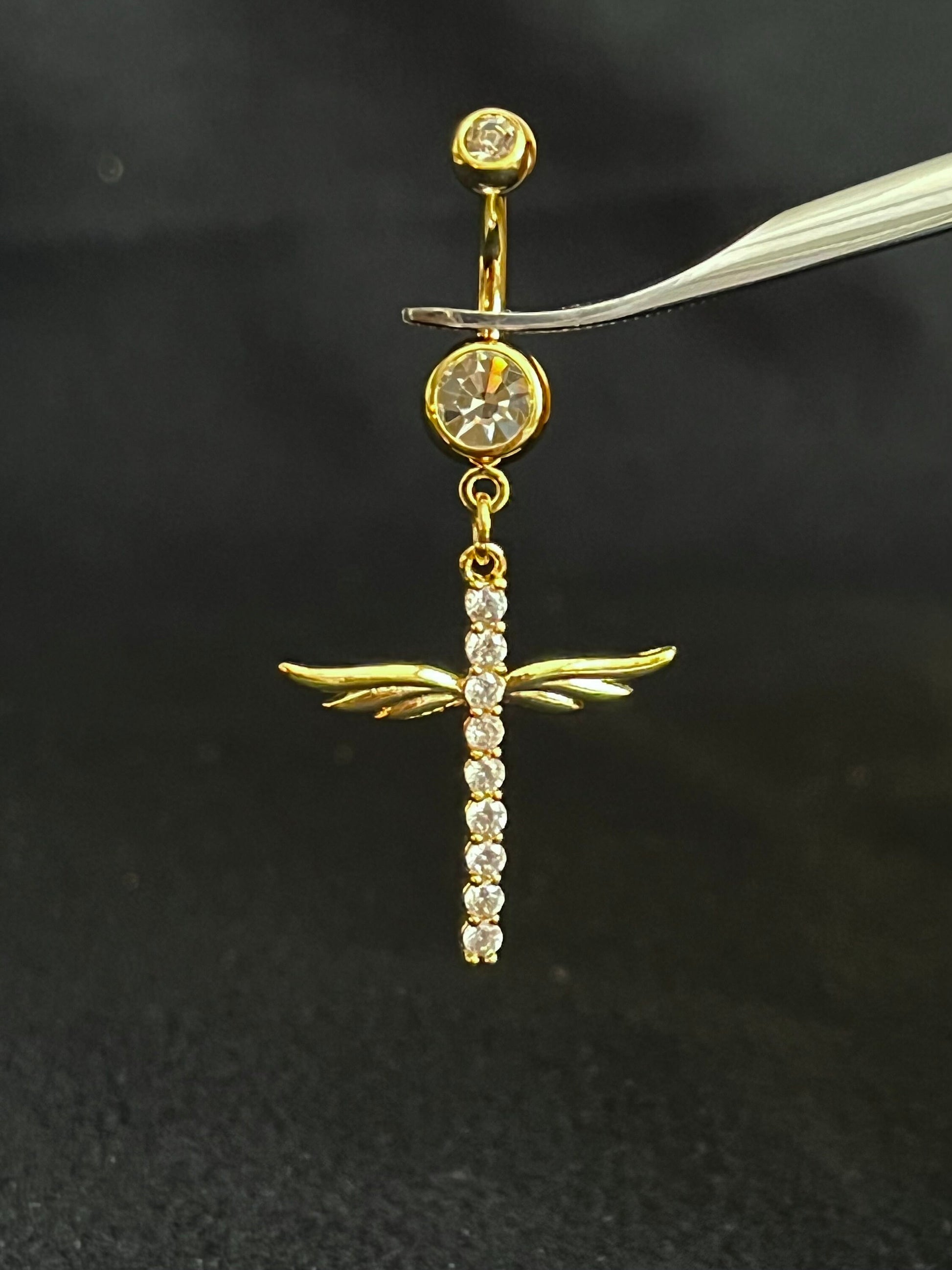 1 Piece Beautiful CZ Gem Winged Cross Navel / Naval Belly Button Ring - 14g - 10mm - Gold, Silver and Rose Gold Available!