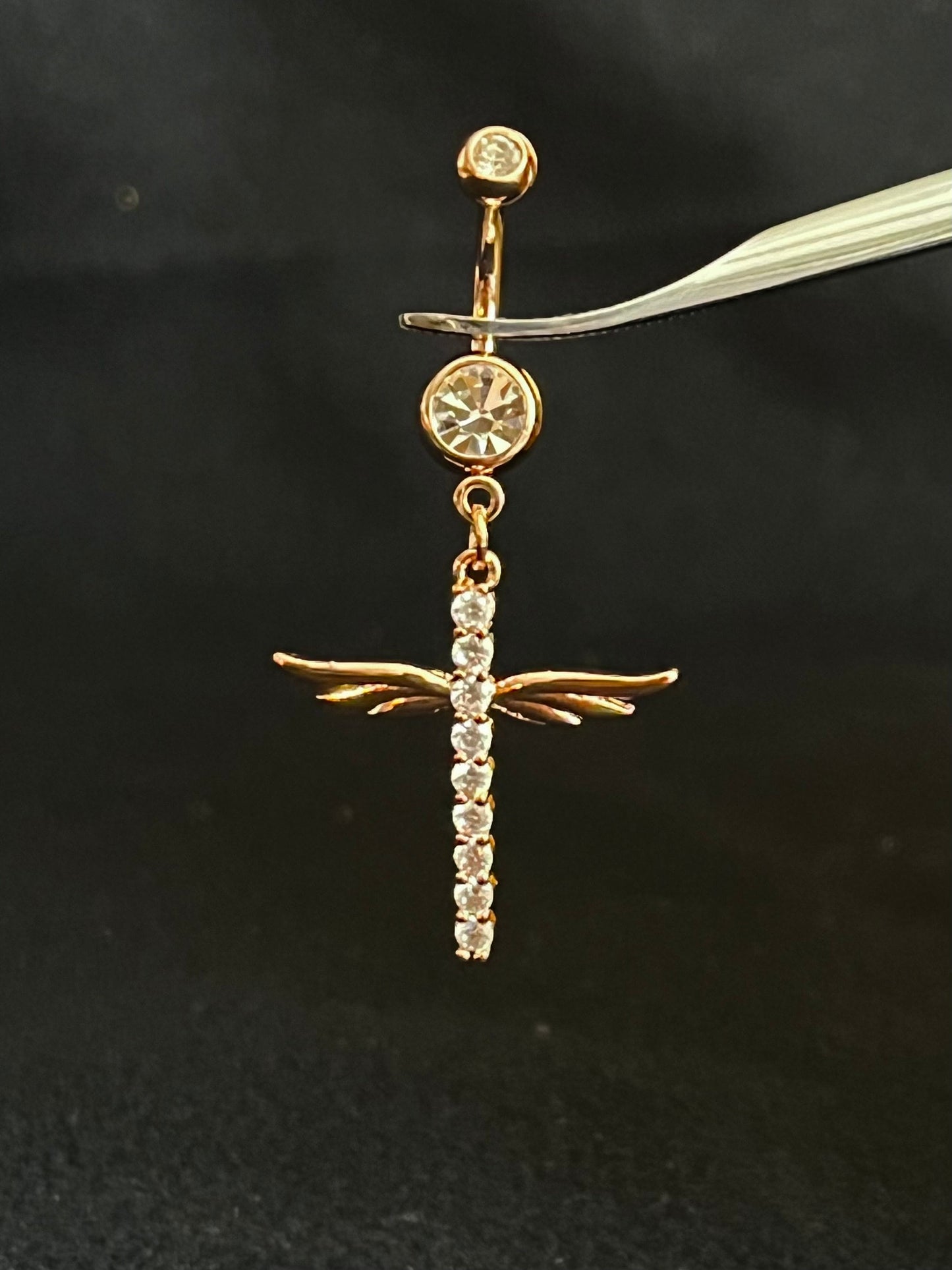 1 Piece Beautiful CZ Gem Winged Cross Navel / Naval Belly Button Ring - 14g - 10mm - Gold, Silver and Rose Gold Available!