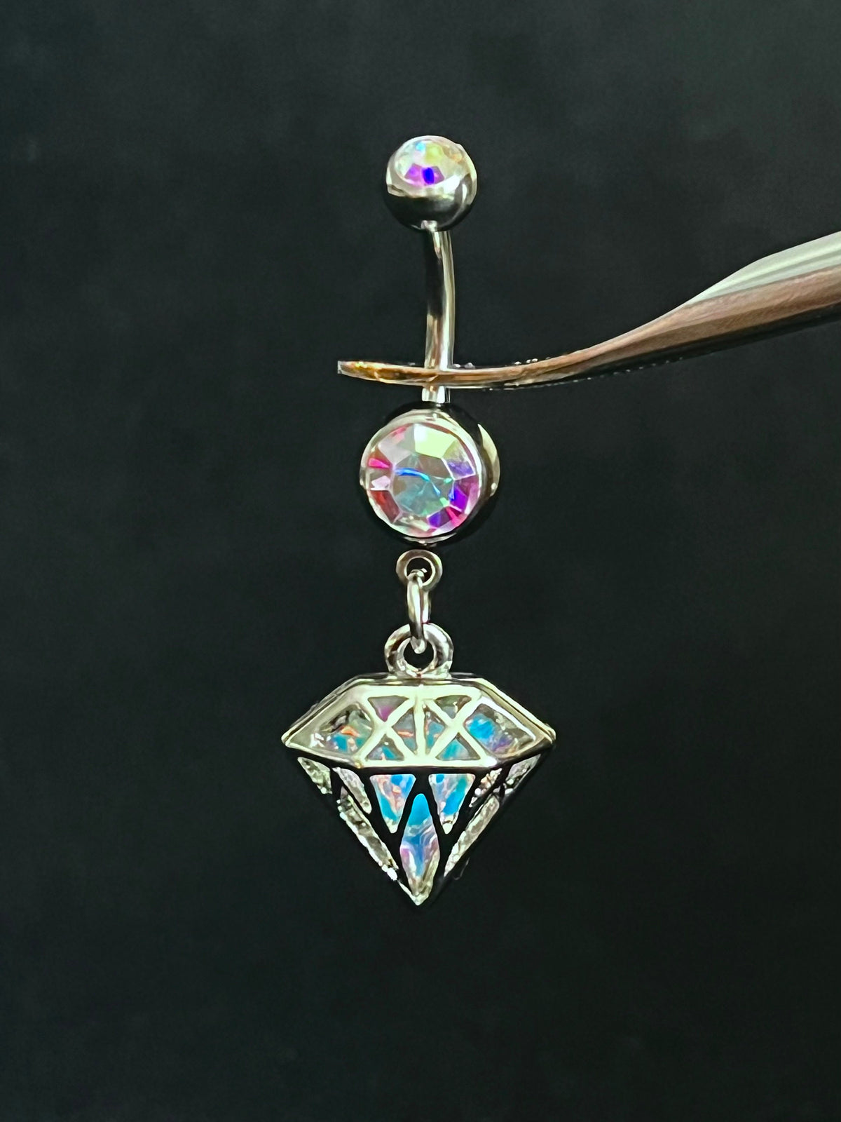 1 Piece Unique Iridescent Diamond-Shaped Gem Dangle Ring Navel / Naval Belly Ring - 14g - 10mm - Gold, Steel, Rainbow & Black Available!
