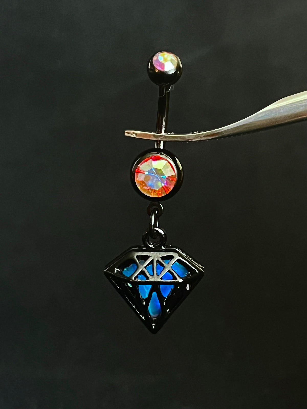 1 Piece Unique Iridescent Diamond-Shaped Gem Dangle Ring Navel / Naval Belly Ring - 14g - 10mm - Gold, Steel, Rainbow & Black Available!