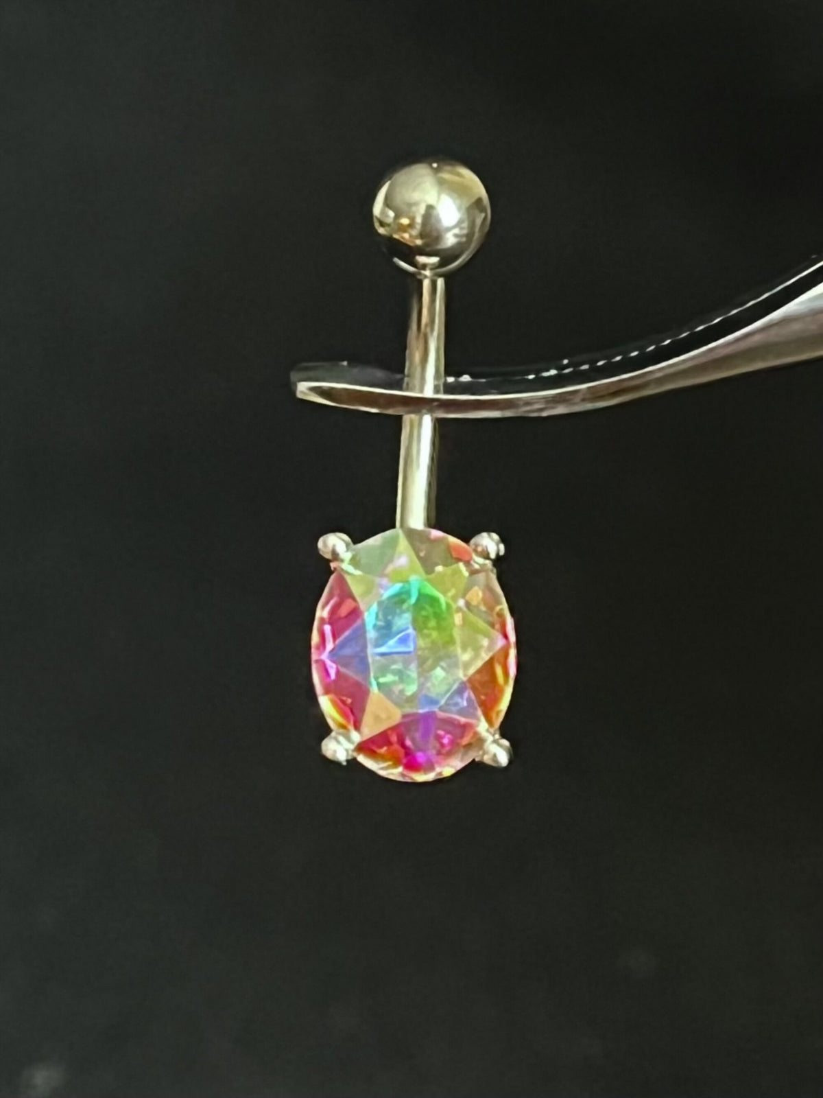 1 Piece Brilliant Prong Set Aurora Borealis Effect Oval Crystal Gem Navel/Naval Belly Ring - 14g - Available in a Variety of Colors!